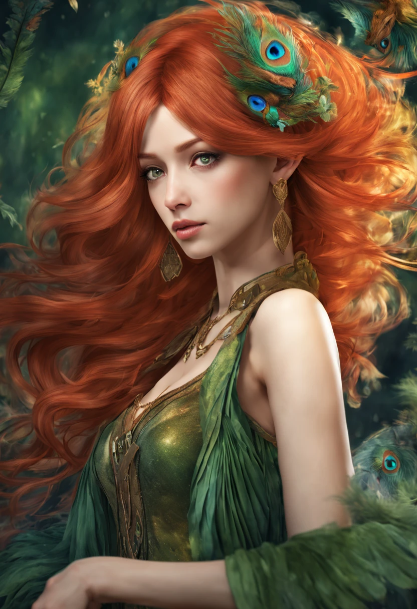 quality and character realistic, super photo realistic illustration,highres, ultla detailed,Unity 8K wallpaper,A fairy in monochrome,anime style, combined with a fantastical form,Looking back,A fairy-girl with beautiful red long hair and orange eyes,wearing a green ,Lace & Chiffon Frill Blouse with colors and designs reminiscent of peacock feathers, paired with a linen skirt,High-heeled black knee-high boots,With a mysterious and fantastical forest as the backdrop,upper body