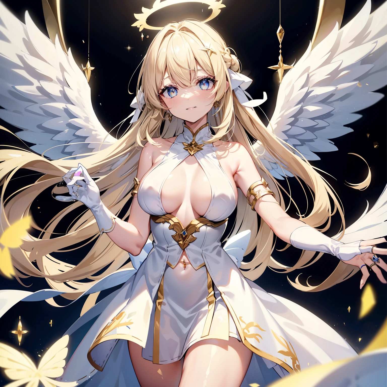 Angel Neutral Girl、(full body shot)、Costume is white、Costume is an angel、loose white dress、Loose costumes、side boob、(((Overhead Angel Ring)))、black background、blonde、yellow eyes、highly detailed eyes、sharp eyes、big 、big breasts、Bust 100、smile、Eye of Desire、Expression of desire、Look at this、(A large number of shining elementary particles float)、Studded with a large amount of glowing bubbles、(((Very large white wings are attached to the back)))、high quality、High level image quality、super detailed、beautiful scenery、wings must be symmetrical、.Make the wing size symmetrical、Keep the wings large