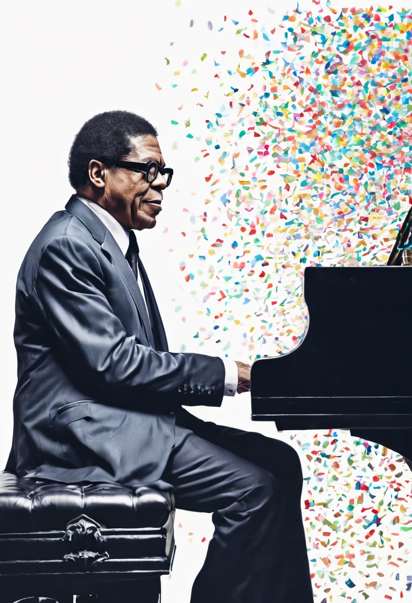 Herbie Hancock plays the piano, Herbie Hancock the great pianist, a dark man, he does not like colored confetti, he is a musician with warm but strong tones at the same time, confetti in the air, musical notes in the air, magical, acion, epic, zentangle, origami