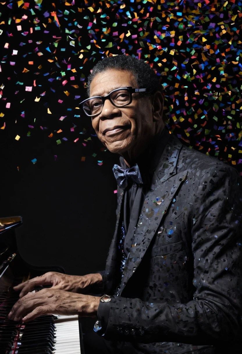 Herbie Hancock plays the piano, Herbie Hancock the great pianist, a dark man, he does not like colored confetti, he is a musician with warm but strong tones at the same time, confetti in the air, musical notes in the air, magical, acion, epic, zentangle, origami