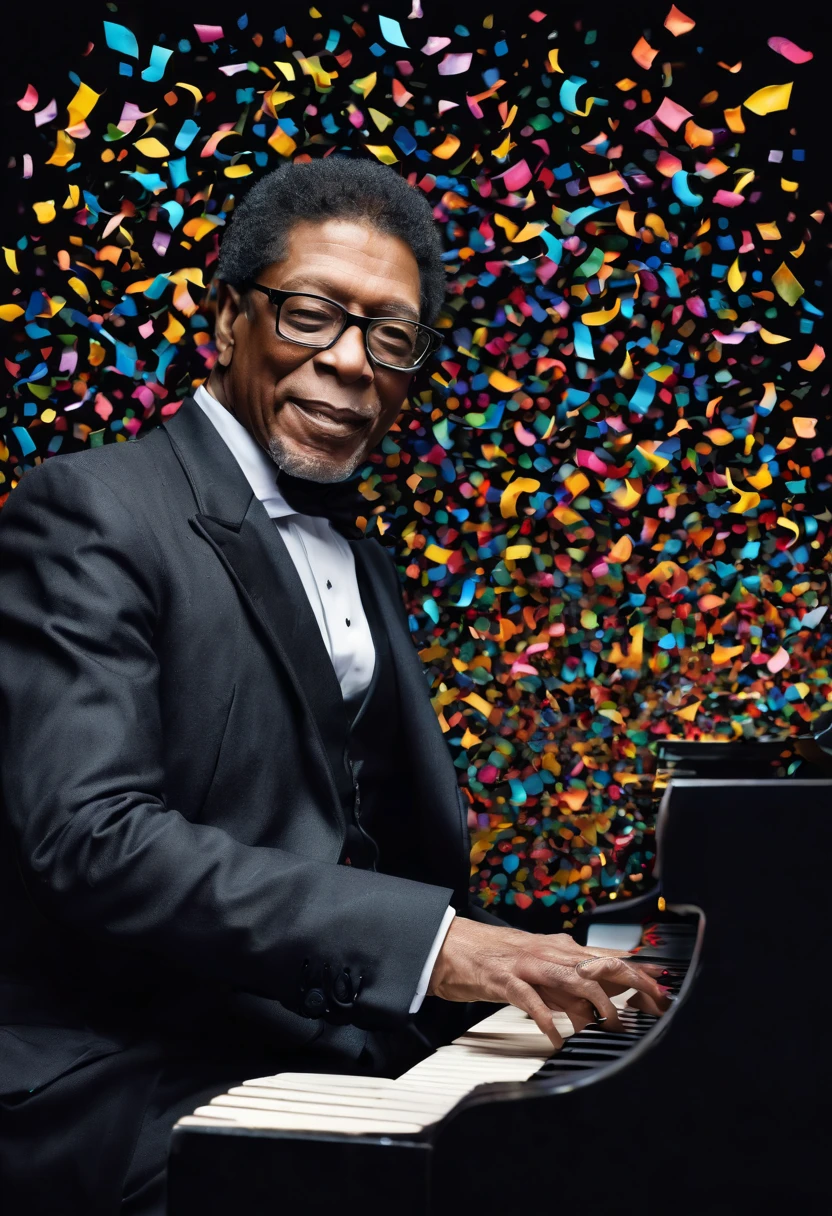 Herbie Hancock plays the piano, the great pianist, a dark man, he does not like colored confetti, he is a musician with warm but strong tones at the same time, confetti in the air, musical notes in the air, magical, acion, epic, zentangle, origami