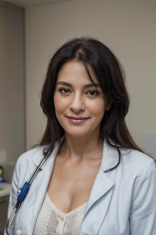 (Best quality, 4k, 8k, high resolution, masterpiece: 1.2), ultra detailed, (Photorealistic: 1.37), close-up portrait of a 50-year-old female doctor, beautiful black hair, looking at the camera head-on, colors bright, soft lighting, standing in the doctors room with a white coat, smiling and a stethoscope around her neck 