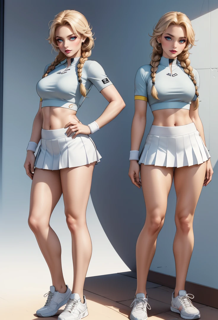The concept character sheet of a strong, attractive, and hot lady player tennis, (player tennis style), wearing black and yellow player tennis clothes, white sneakers and cap. Her face is oval, forehead is smooth and visibly rounded at the temples. jawline is softly defined, giving her a gentle and feminine appearance, full body, Full of details, frontal body view, back body view, Highly detailed, Depth, Many parts, ((Masterpiece, Highest quality)), 8k, Detailed face, scars, serious expression. Infographic drawing. Multiple sexy poses. tattoos,3d, (braids blond), (light blue eyes), choker