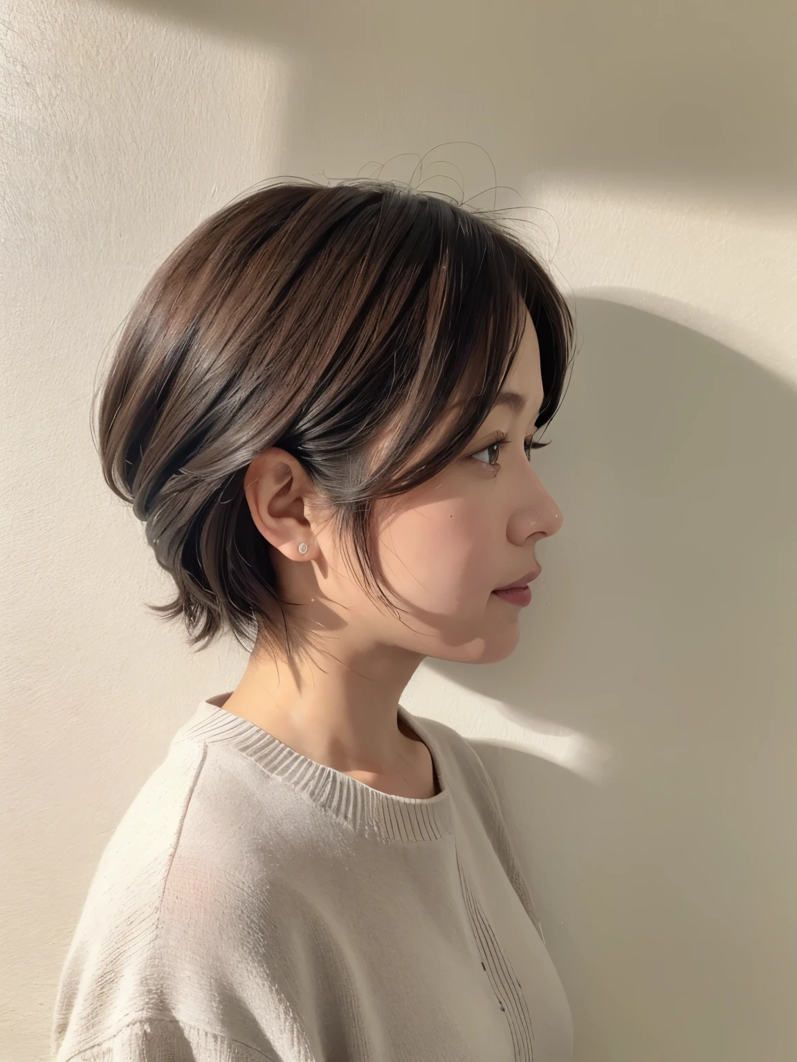 Japan middle-aged woman、shortcut、short hair、profile、Shot from the side、Taken in front of a white wall、white wall room with window、Wearing winter clothes、realistic human eyes、The face of an average Japanese middle-aged woman、Dark brown eyes、Female in her 50s、Wrinkles at the corners of the eyes、Gray hair mixed、Natural light