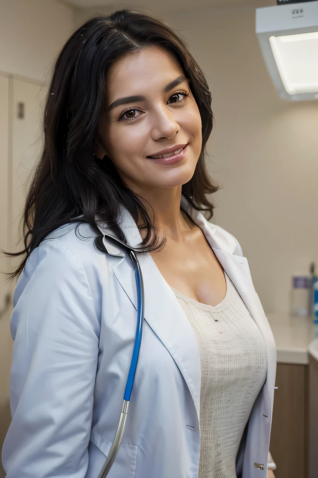 (Mejor calidad, 4k, 8k, high resolution, obra maestra: 1.2), ultra detallado, (fotorrealista: 1.37), close up portrait of a 50 year old female doctor, hermoso cabello negro, Looking at the camera from the front, colores brillantes, Soft lighting, standing in the doctor's room wearing a white coat, sonriendo y un estetoscopio alrededor de su cuello