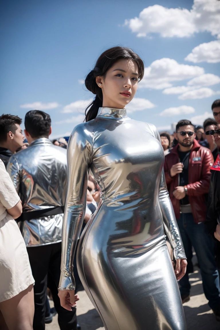 Woman in futuristic dress stands in front of a large crowd of people, large dieselpunk flying airships, dribble, Inspired by Gil Elvgren, fantasy paladin female, Inspired by Mark Brooks, [ Bubble, Portrait of Helen of Troy, Science - Fi : :, golden armor  