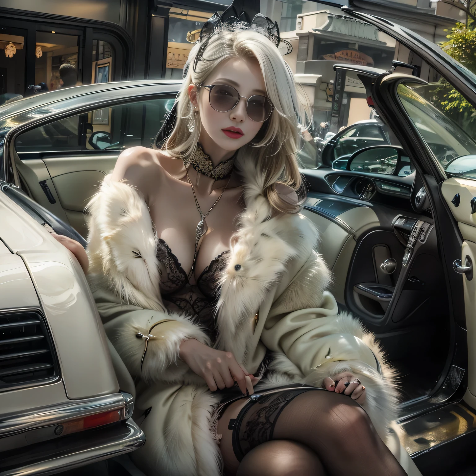 (New York street woman),realistic, High resolution, 1 female, alone, sexy,golden white straight hair、 hip up, show viewer, (detailed face), jewelry,(long coat of fur)、((off shoulder pure white dress))(black underwear),(Black garters and garter belts、black stockings)、((Woman sitting with open door of sports car)),(Wearing Ravan sunglasses),
