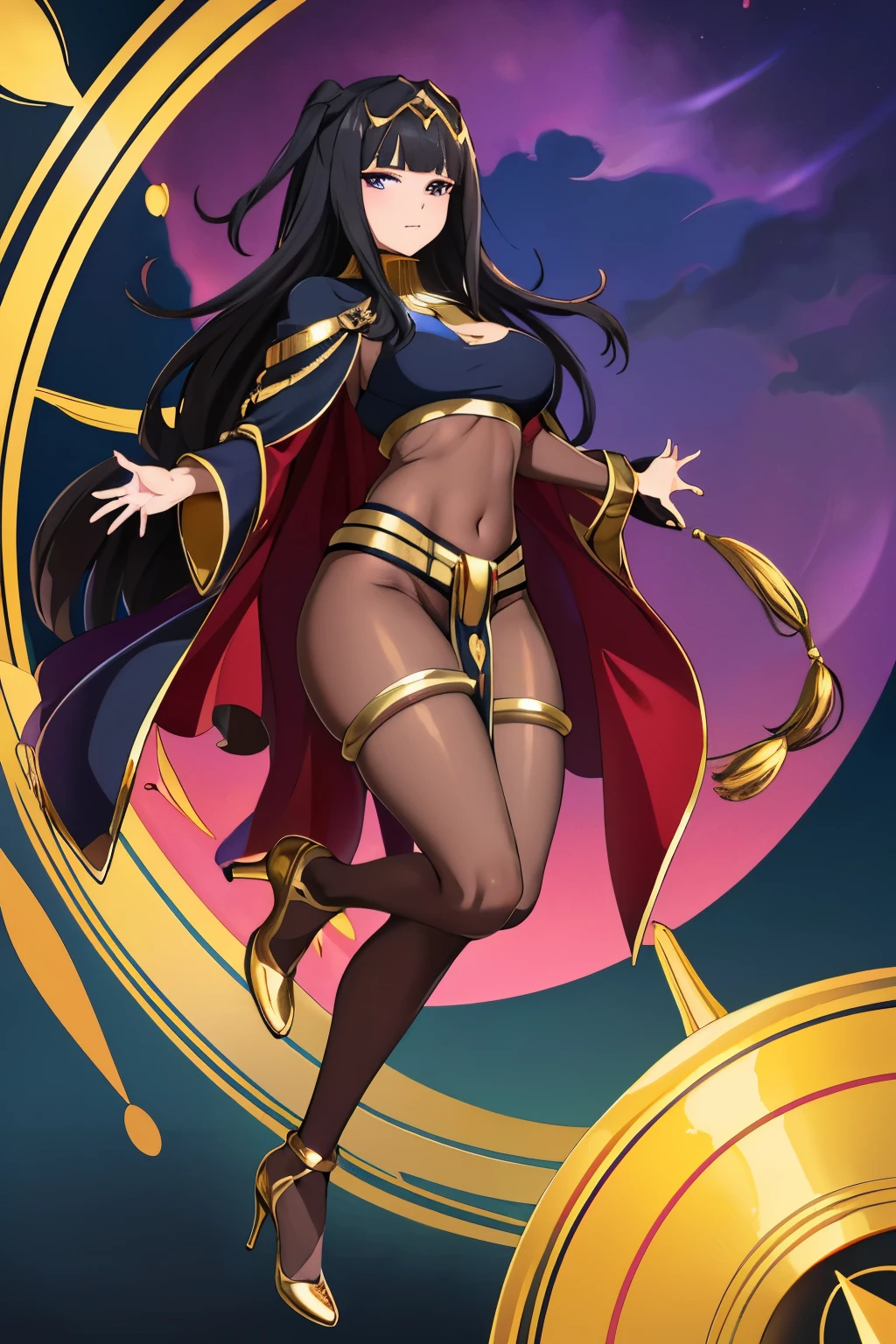 (the golden ratio,masutepiece, of the highest quality, Best Quality, Beautiful and aesthetic:1.2), ighly detailed, Colorful,highest details, (Adults,age19,1girl in, Solo, Body stocking has gold lining, Gold collar, Gold loincloth, Hair Ornament, Cape, high-heels,Black full-body stockings, Black full-body stockings, Black full-body stockings, thighs thighs thighs thighs,  TharjaV4, 1girl, solo, 