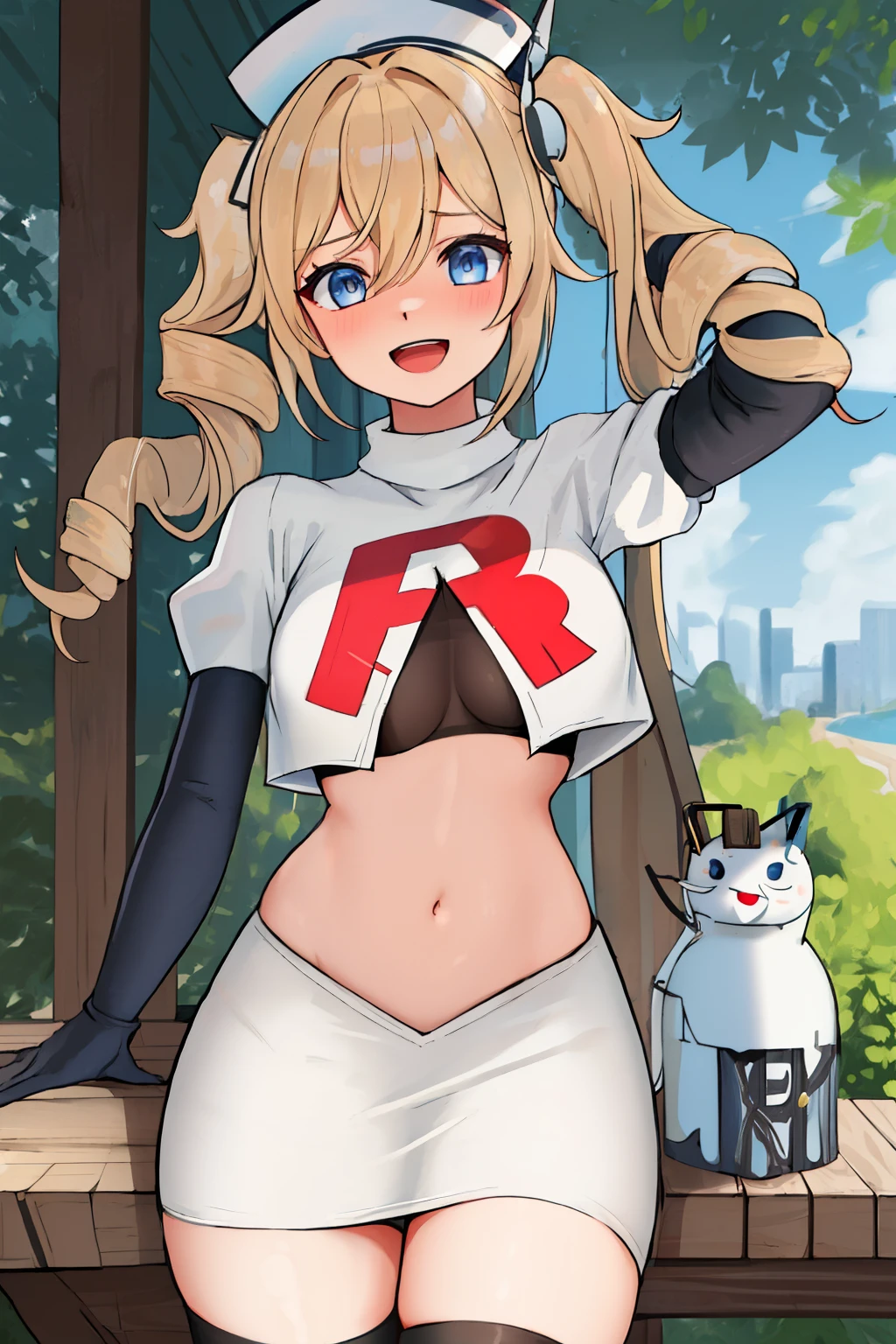 best quality, masterpiece, highres, solo, {barbara_genshin:1.15}, blonde_hair, blue_eyes, twintails, bangs, long_hair, drill_hair, twin_drills, hat, blush, breasts, white_headwear, hair_ornament, 1girl, hair_between_eyes, :d, team rocket,team rocket uniform,white skirt,red letter R,crop top,black thigh-highs,black elbow gloves