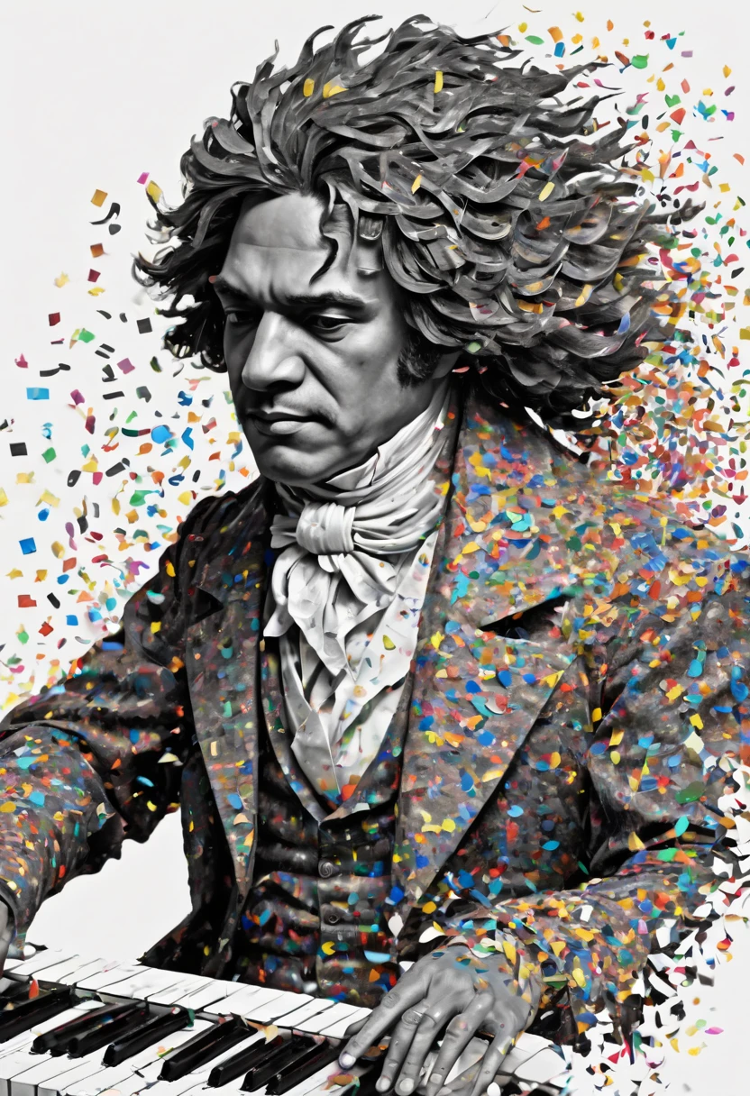 Beethoven plays the piano,the great pianist, a dark man, he does not like colored confetti, he is a musician with warm but strong tones at the same time, confetti in the air, musical notes in the air, magical, acion, epic, zentangle, origami