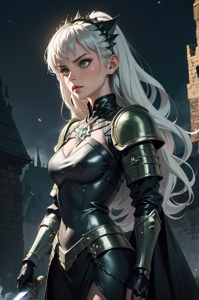 ((best quality, masterpiece)),
1girl, power pose, black  and green necromancer plunging  armor, white messy hair, sword,  outdoor, night, moonlight, smokes on background, ((full moon ):0.5), medieval, fantasy, castle on background, 