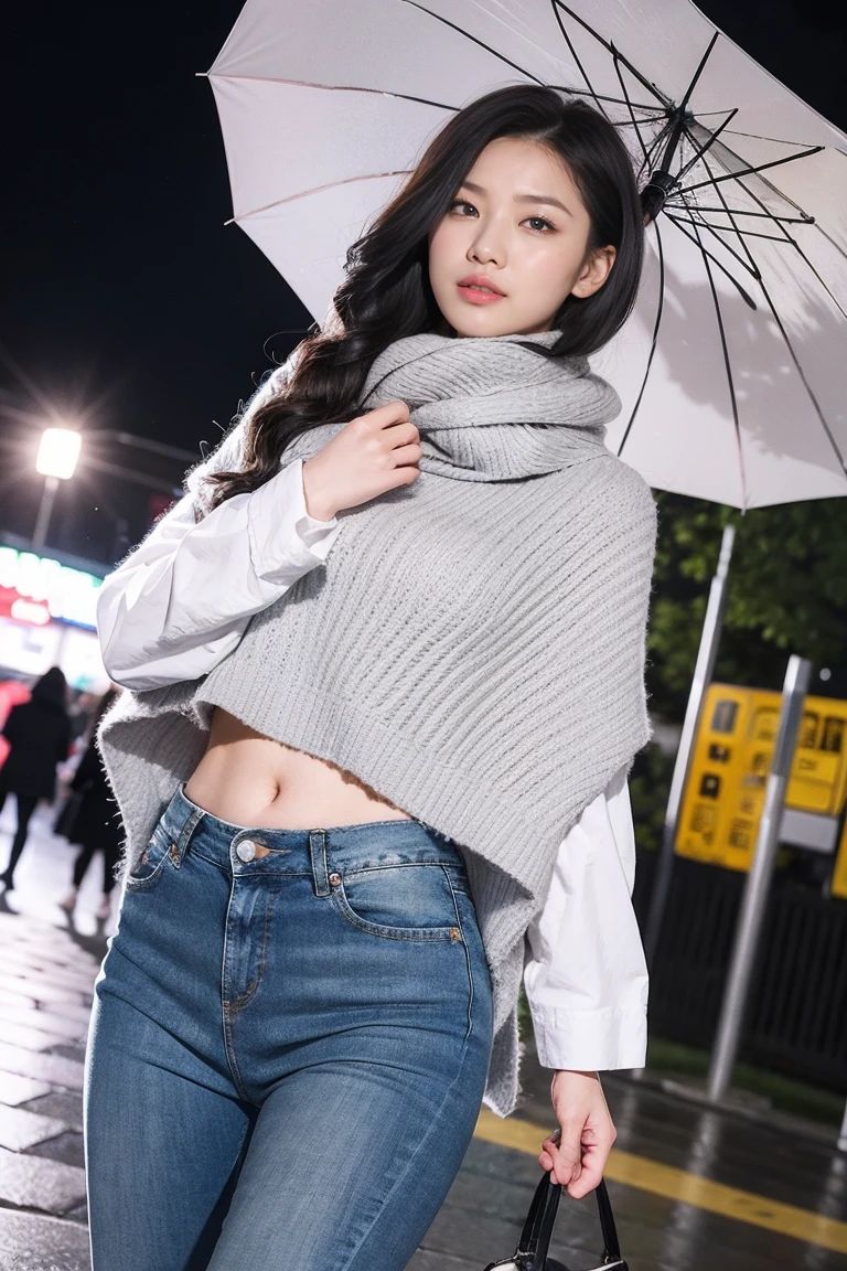 In the rainy playground, The girl slapped the umbrella on the head, And in the other hand he had an umbrella, Blue Denim Leggings, Masterpiece Superb Night Moon Full Moon 1 Female Mature Woman, China's sister royal sister cold face、Woman with long silver white hair bright pink lips calm intelligent 3 striped gray schoolchild assassination lantern flower ball background walking street scene, long hair shawl,