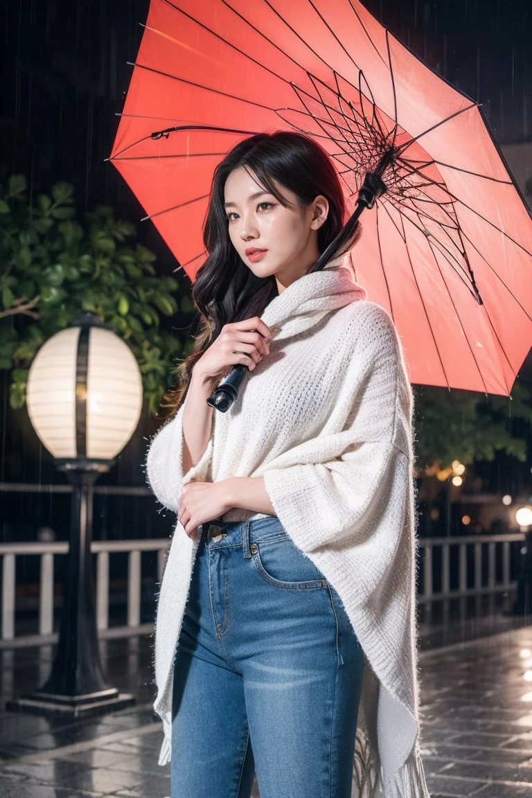 In the rainy playground, The girl slapped the umbrella on the head, And in the other hand he had an umbrella, Blue Denim Leggings, Masterpiece Superb Night Moon Full Moon 1 Female Mature Woman, China's sister royal sister cold face、Woman with long silver white hair bright pink lips calm intelligent 3 striped gray schoolchild assassination lantern flower ball background walking street scene, long hair shawl,