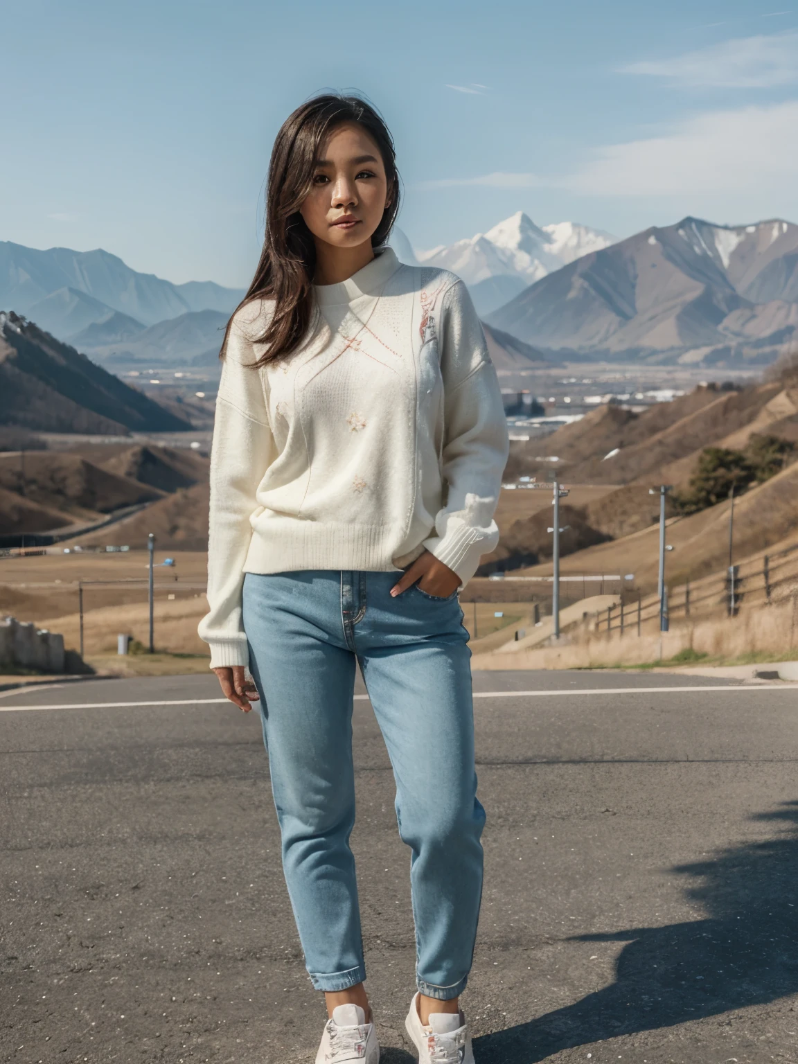 Half body portrait, 8k , plae skin asian ( korea+ Burmese)mixed girl , wearing sweater, white sweater top , jenn pants 👖 , and sneakers , background with the mountains