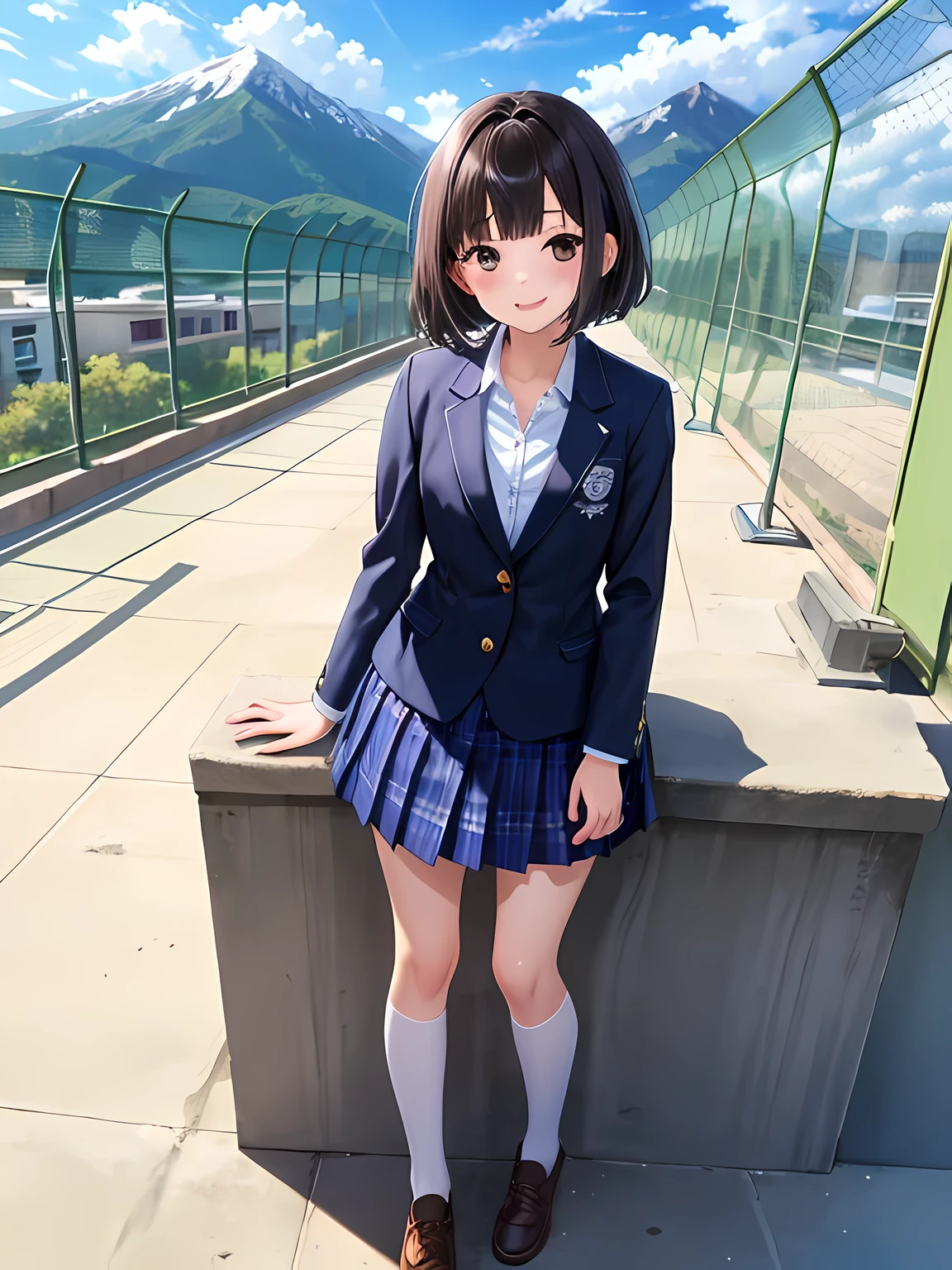 masterpiece, highest quality,
very delicate and beautiful, finely,
official art, super detailed, very detailed,
break

1 girl, cute face, beautiful face, , black eye, black short hair, bob cut, dull bangs, Navy Blazer, white shirt, Navy long skirt, white socks, Indoor shoes, 
smile, Are standing, 
School rooftop, chain-link fence, fence, Mountain, School, Schoolyard, residential street, Vision,