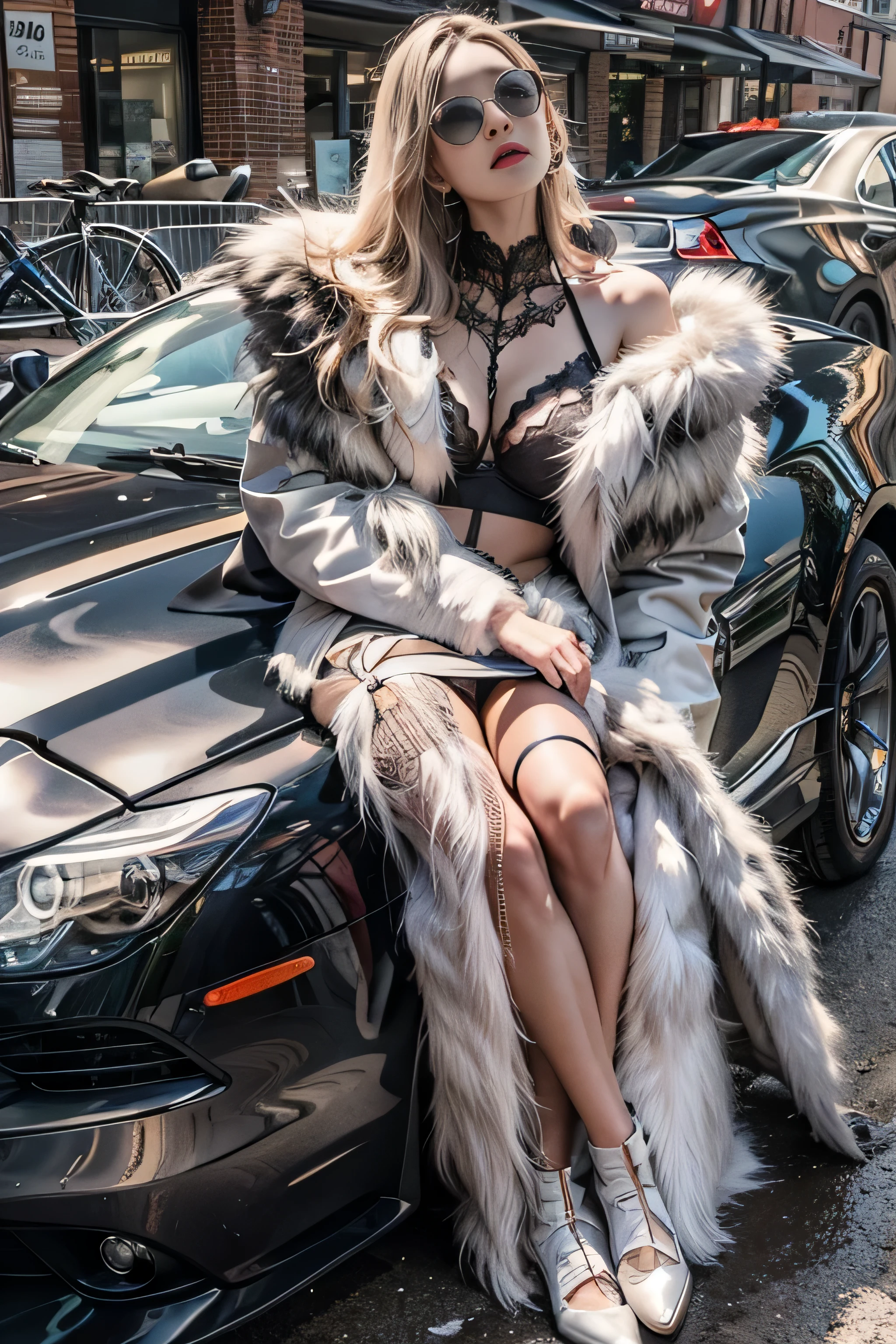 (New York street woman),realistic, High resolution, 1 female, alone, sexy,golden white straight hair、 hip up, show viewer, (detailed face), jewelry,(long coat of fur)、((off shoulder pure white dress))(black underwear),(Black garters and garter belts、black stockings)、((Woman sitting on the hood of a sports car)),(Wearing Ravan sunglasses),