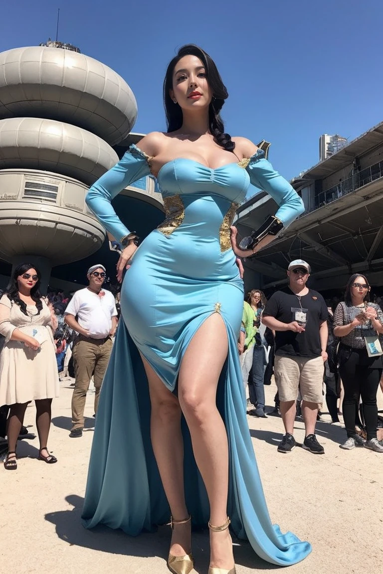 Woman in futuristic dress stands in front of a large crowd of people, large dieselpunk flying airships, dribble, Inspired by Gil Elvgren, fantasy paladin female, Inspired by Mark Brooks, [ Bubble, Portrait of Helen of Troy, Science - Fi : :, golden armor