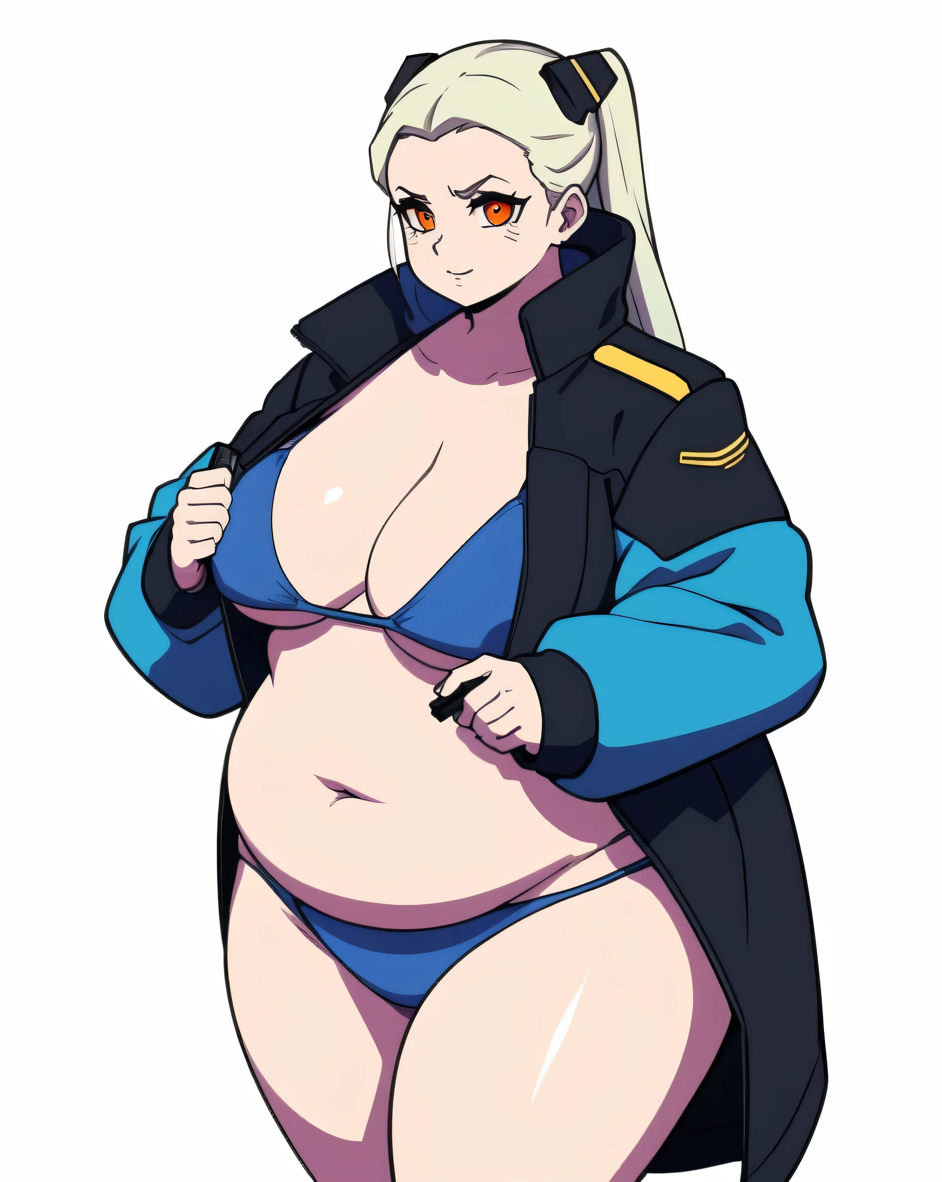 rebbeca, cyberpunk 2077, ssbbw, holding a gun, bikini, very fat, double chin, doughy belly, very wide hips, fat arms