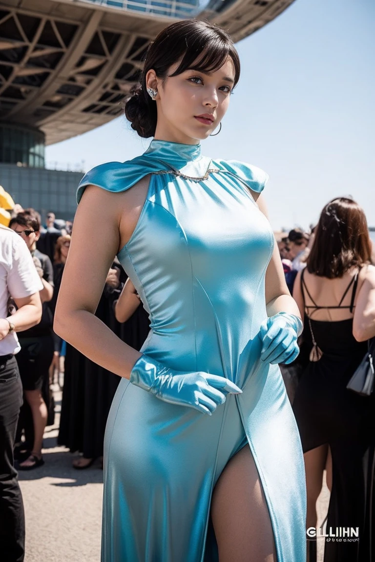 Woman in futuristic dress stands in front of a large crowd of people, large dieselpunk flying airships, dribble, Inspired by Gil Elvgren, fantasy paladin female, Inspired by Mark Brooks, [ Bubble, Portrait of Helen of Troy, Science - Fi : :, golden armor