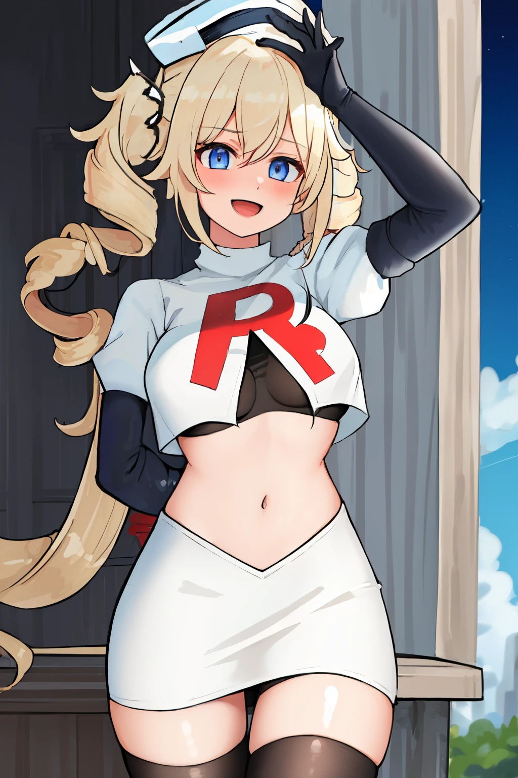 best quality, masterpiece, highres, solo, {barbara_genshin:1.15}, blonde_hair, blue_eyes, twintails, bangs, long_hair, drill_hair, twin_drills, hat, blush, breasts, white_headwear, hair_ornament, 1girl, hair_between_eyes, :d, team rocket,team rocket uniform,white skirt,red letter R,crop top,black thigh-highs,black elbow gloves