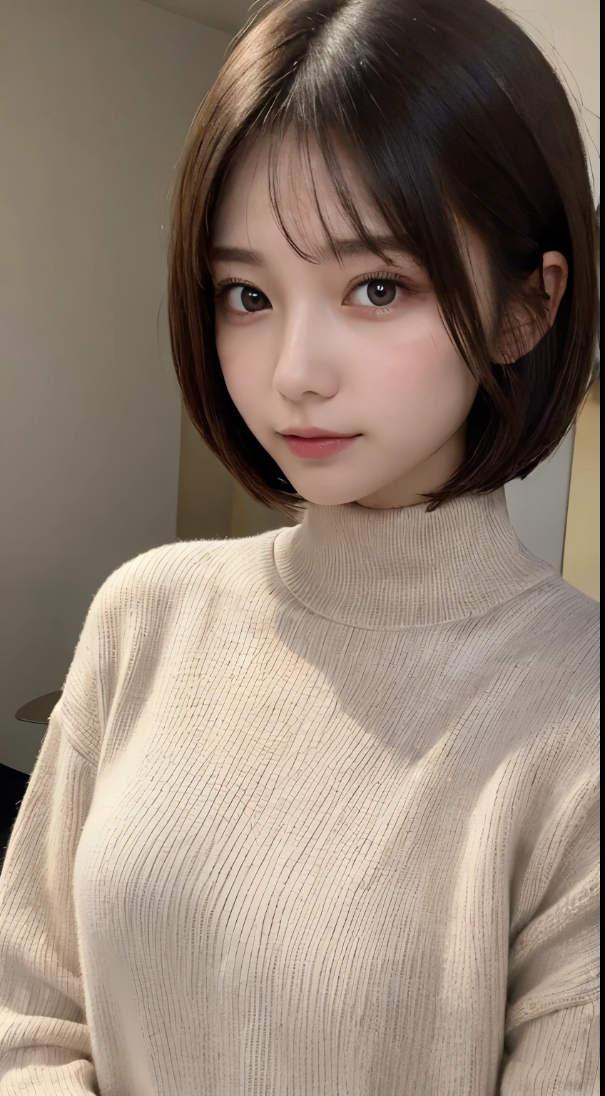 table top, highest quality, figure, super detailed, finely, High resolution, 8k wallpaper, 完璧なダイナミックな構figure, beautiful and fine eyes, natural lip, turtleneck clothes, short cut hair