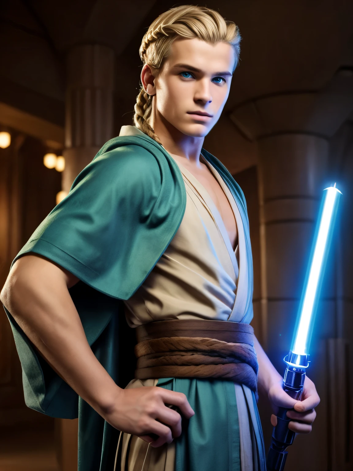 18 year old boy, handsome, short dirty blond hair with a small braid on his left side besides his ear, green eyes, wearing a Jedi robe from Star Wars, holding a blue lightsaber, and he is in the Jedi temple in Coruscant