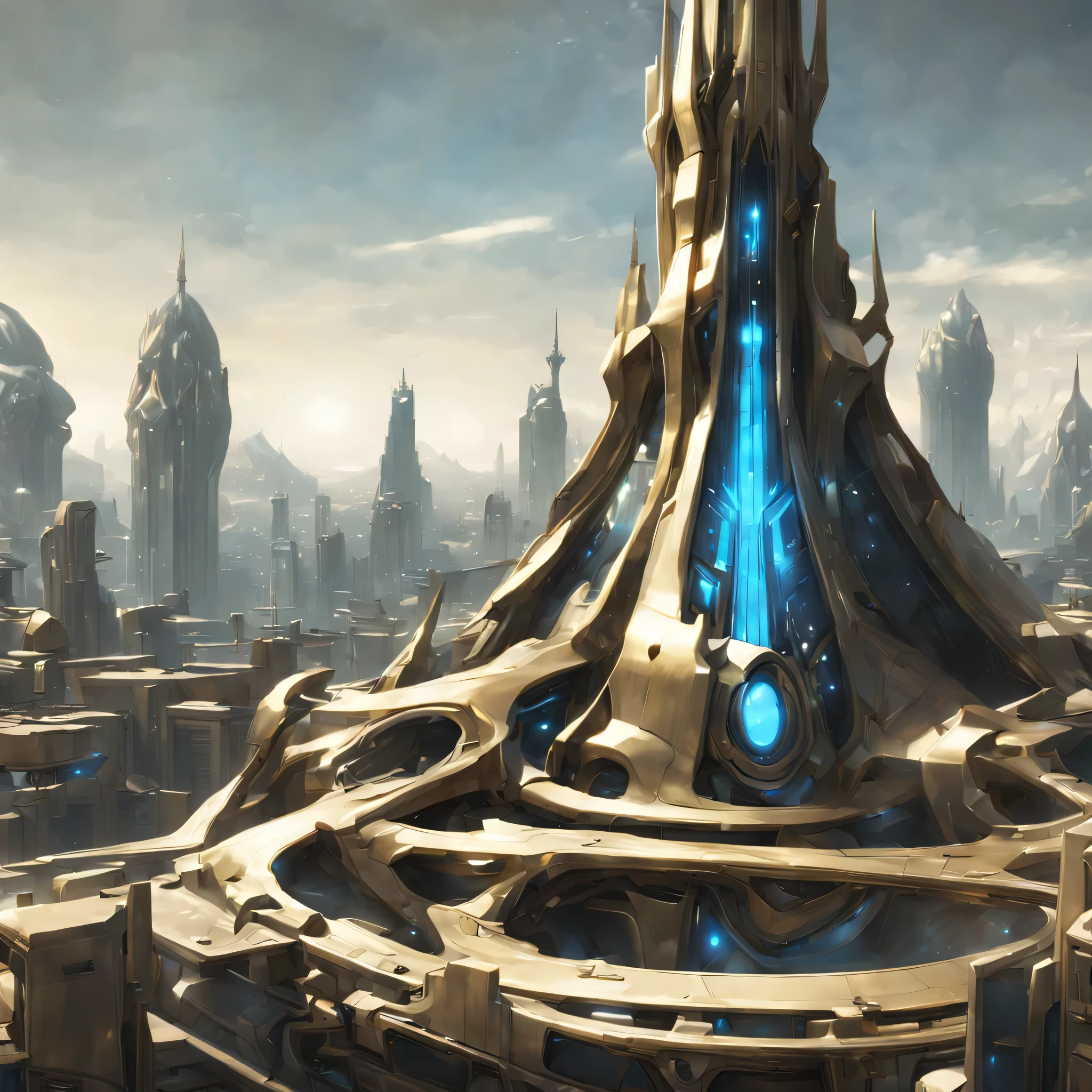 A city in the distant background, asymmetrical, ecumenopolis , white wall, gold decoration, Gold Line, Cyan light source, futuristic, 4K, realistic, Warframe&#39;s Orokin civilization-style extraterrestrial megalopolis cityscape, Orokin-like buildings in Warframe,orokin tower, look around, Does not include humans, asymmetrical,