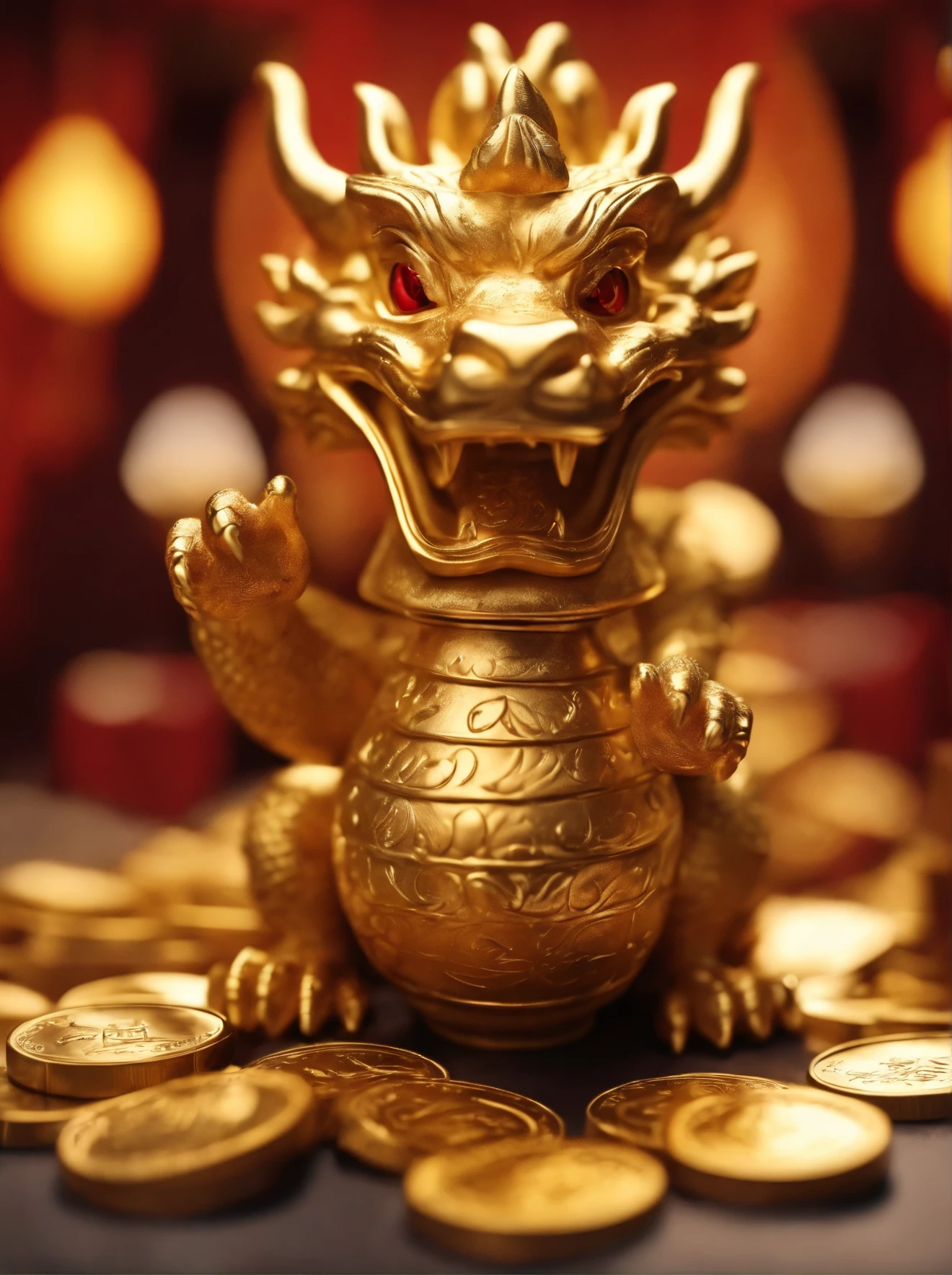 Chinese dragon，Oriental Dragon，Gold ingot，Portrait close-up，Spit out gold coins,BREAK,Elongated beard,BREAK,Huge faucet,BREAK,ruby eyes，perfect symmetry，Spring Festival background