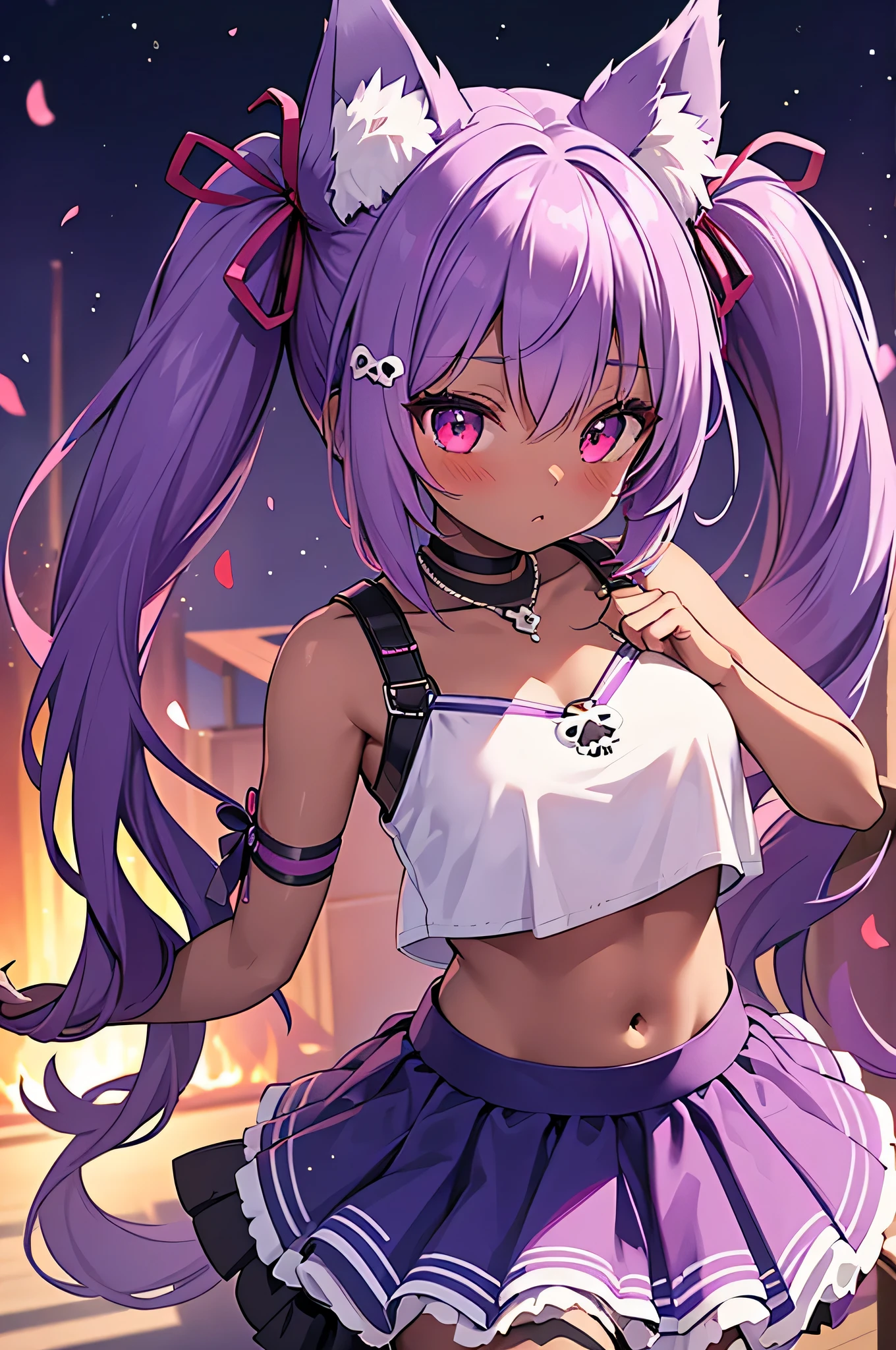 1 girl, , purple hair, glowing red eyes, dark skin twin tails,fox girl, kistsune girl, fox ears, fox tail, crop top, skirt flowers, cute face, skull shaped hair clip, necklace with skull, ribbons, no back ground
