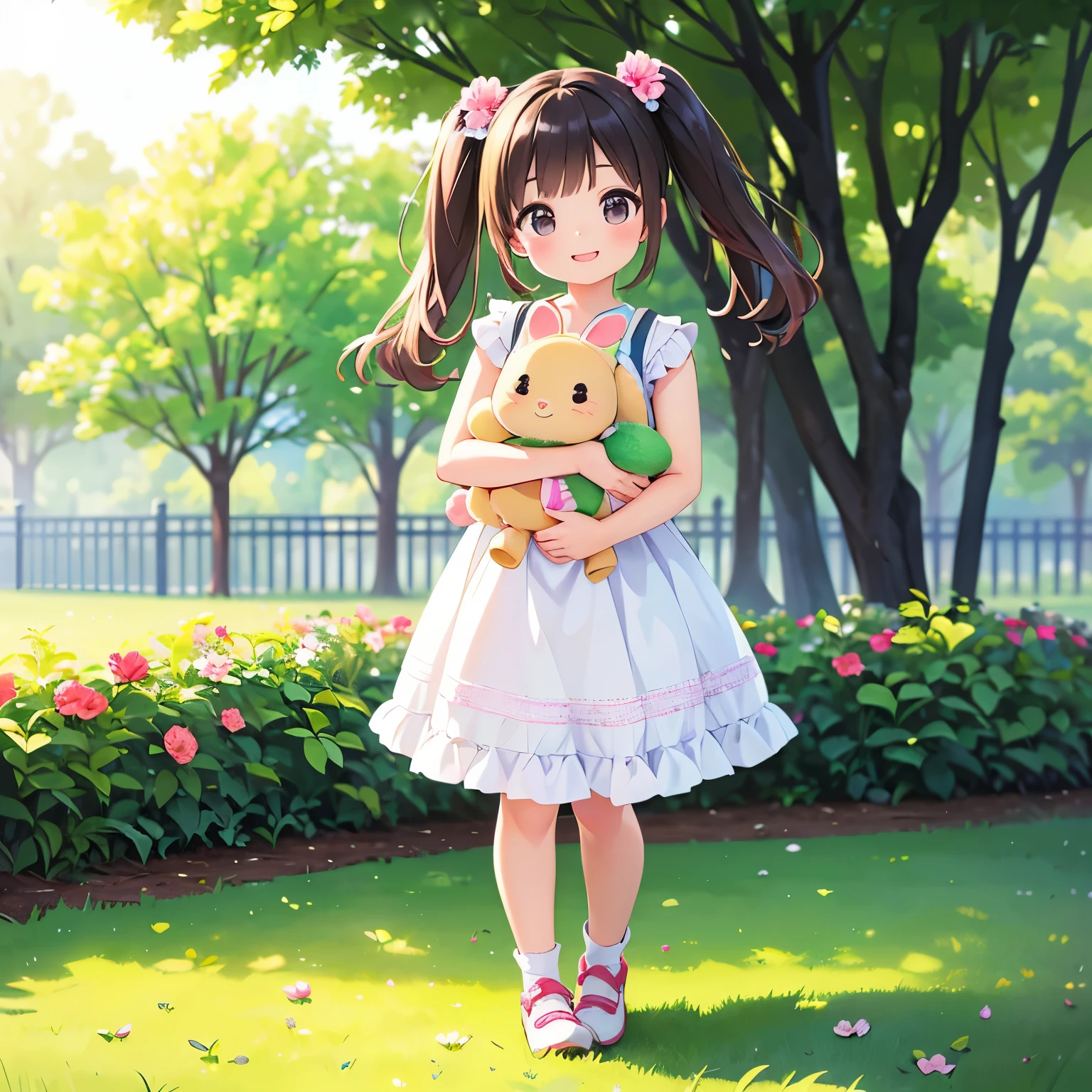 (photorealistic:1.37)、octane rendering、Morning park、Taking a walk while holding a rabbit doll、Girl has twin tail hairstyle and smiles、Bright colors、soft sunlight、beautiful flower、green grass、playful atmosphere、peaceful environment、detailed texture、Bright colors、cute shoes with accessories、He looks happy