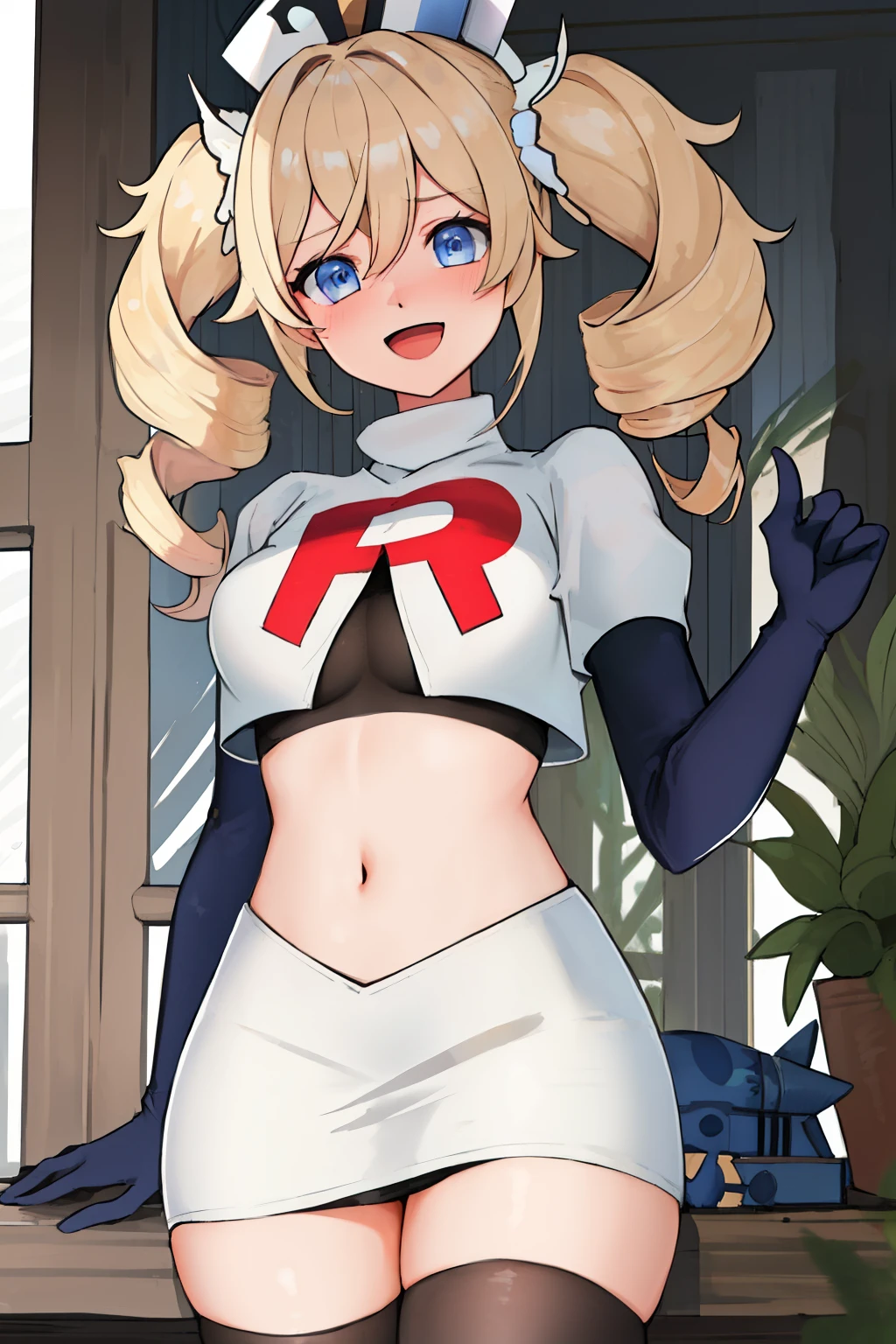 best quality, masterpiece, highres, solo, {barbara_genshin:1.15}, blonde_hair, blue_eyes, twintails, bangs, long_hair, drill_hair, twin_drills, hat, blush, breasts, white_headwear, hair_ornament, 1girl, hair_between_eyes, :d, team rocket,team rocket uniform,white skirt,red letter R,crop top,black thigh-highs,black elbow gloves
