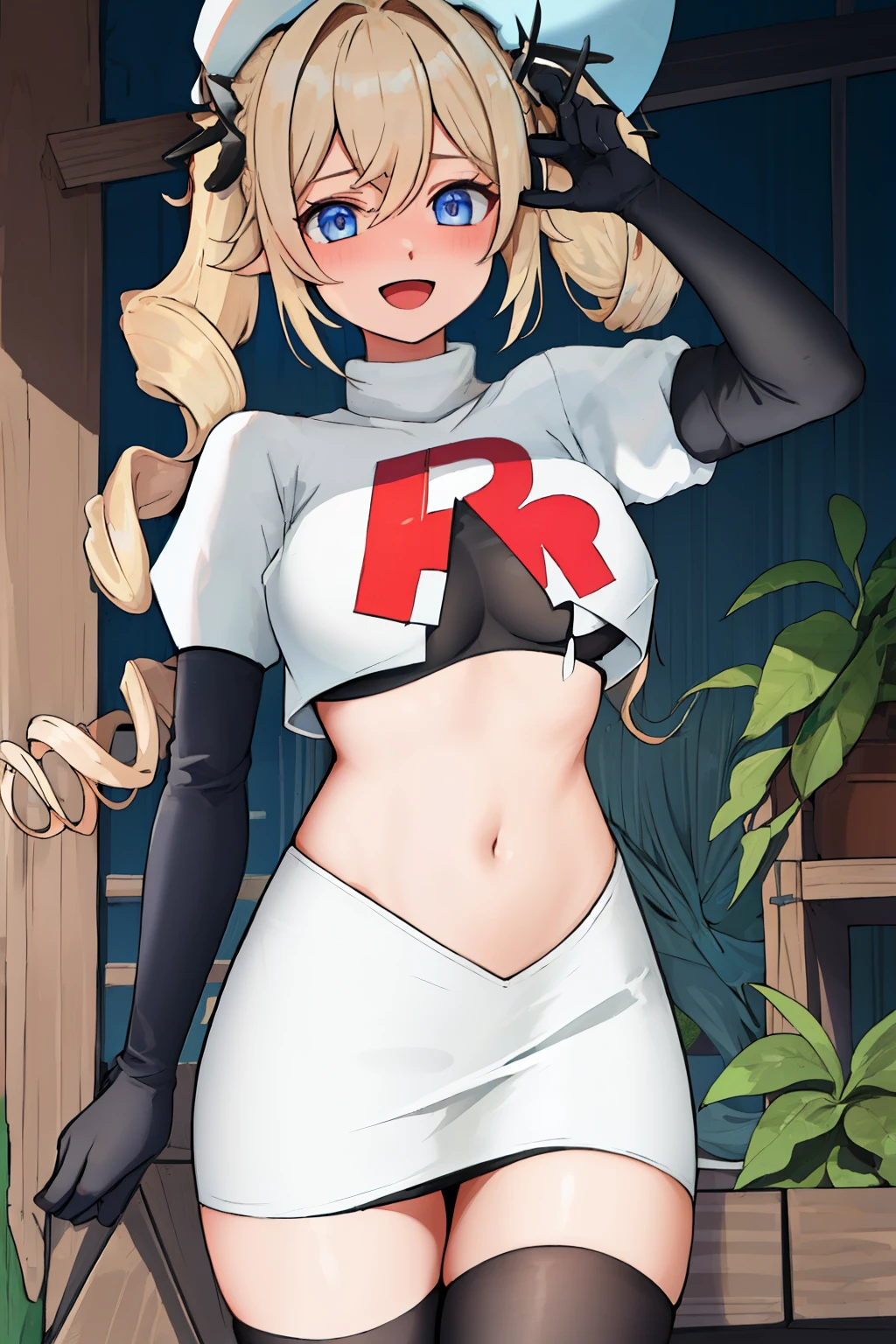 best quality, masterpiece, highres, solo, {barbara_genshin:1.15}, blonde_hair, blue_eyes, twintails, bangs, long_hair, drill_hair, twin_drills, hat, blush, breasts, white_headwear, hair_ornament, 1girl, hair_between_eyes, :d, team rocket,team rocket uniform,white skirt,red letter R,crop top,black thigh-highs,black elbow gloves