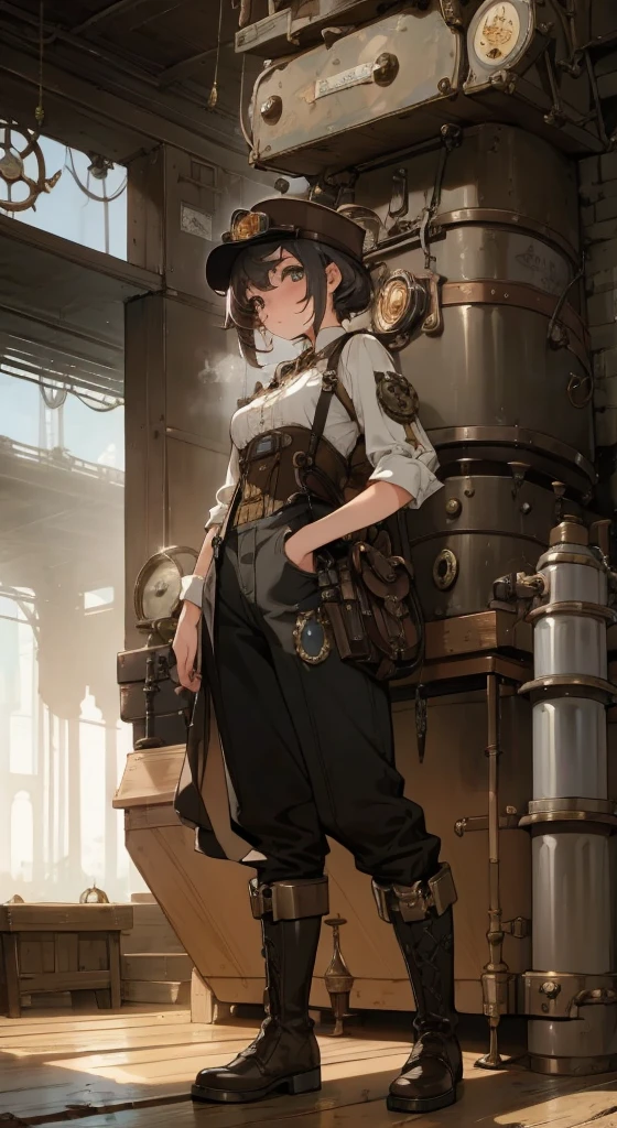 (Best quality, 4k, Masterpiece :1.3), 1girl, (steampunk), scenery, steampunk room engine, repairing engine, gears, cogs, steam, boots, overalls, goggles, dirty face, standing, machinery, oil on floor, dirty floor,