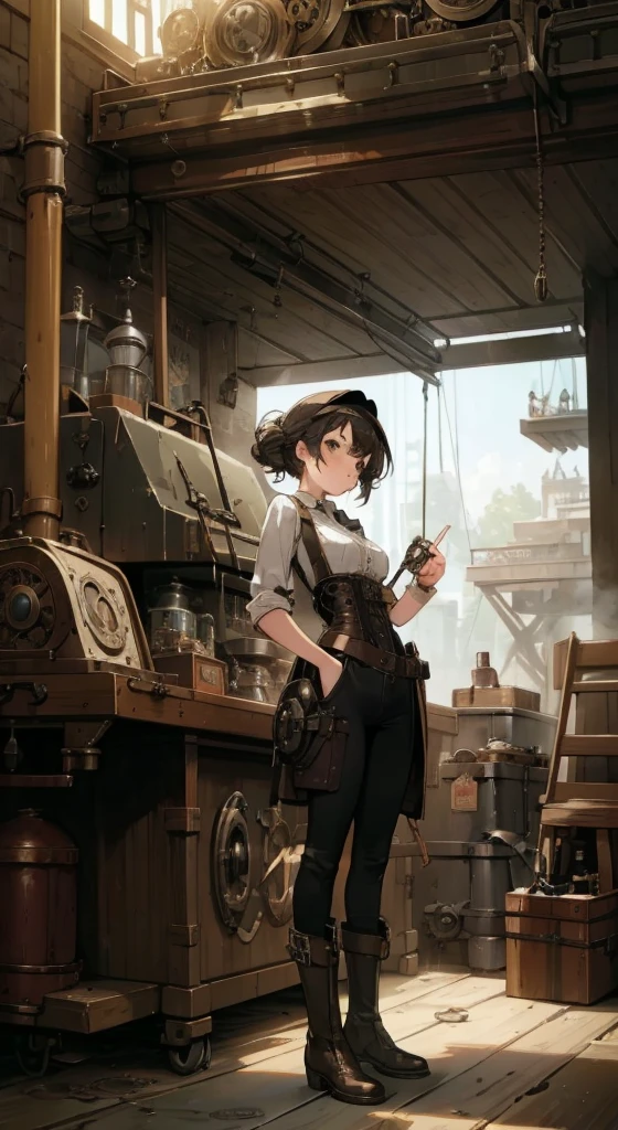 (Best quality, 4k, Masterpiece :1.3), 1girl, (steampunk), scenery, steampunk room engine, repairing engine, gears, cogs, steam, boots, overalls, goggles, dirty face, standing, machinery, oil on floor, dirty floor,