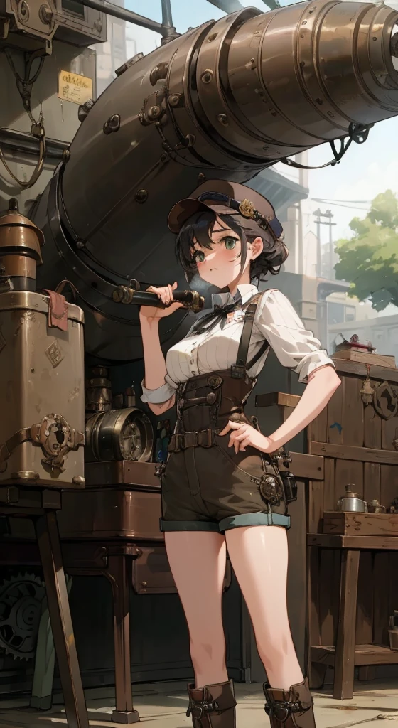 (Best quality, 4k, Masterpiece :1.3), 1girl, (steampunk), scenery, steampunk room engine, repairing engine, gears, cogs, steam, boots, overalls, goggles, dirty face, standing, machinery, oil on floor, dirty floor,