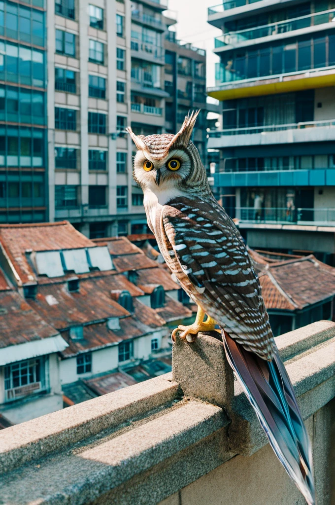 Fish owl perched on the railing on the roof of a building