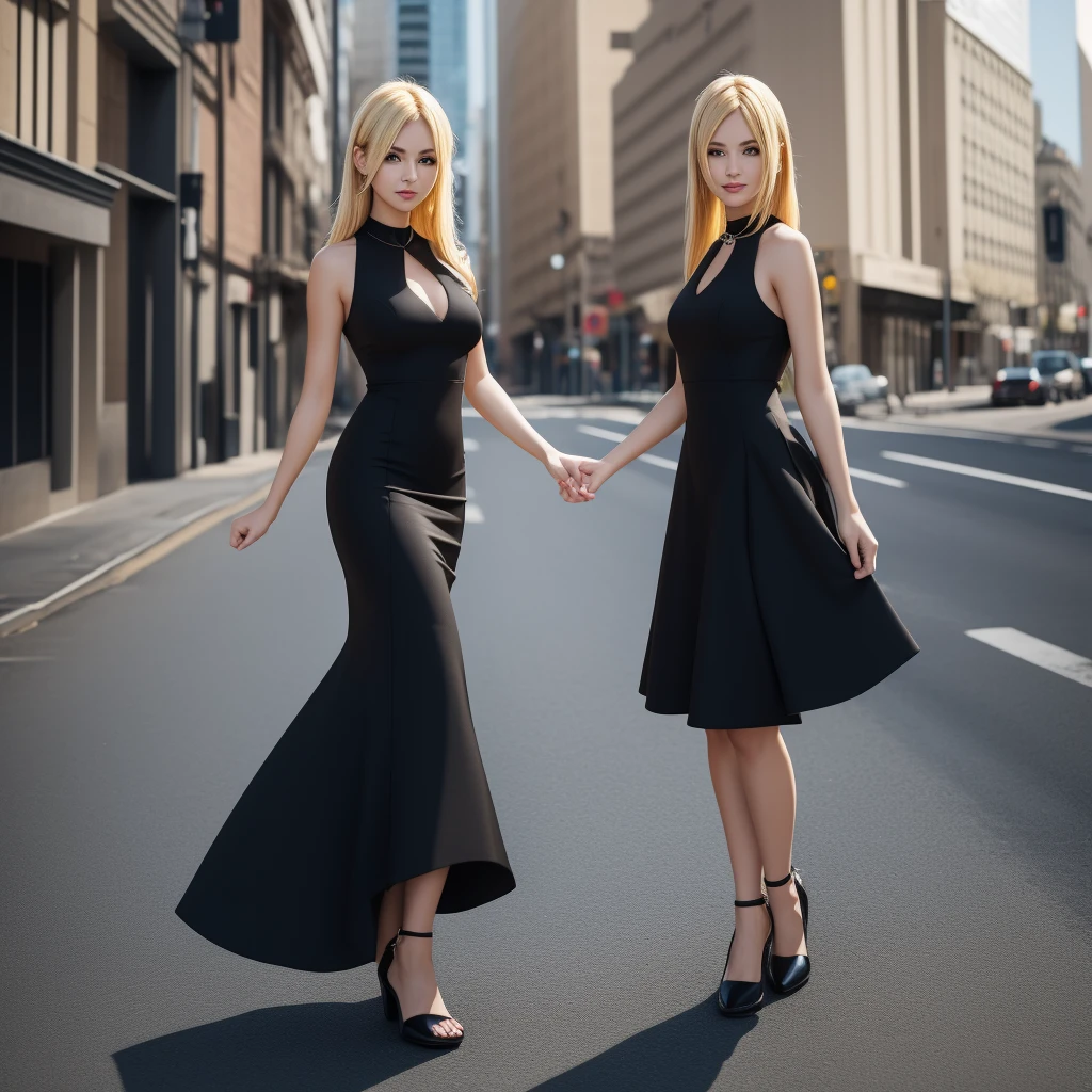 Cynthia pokemon standing city background with black dress and blonde hair UHD 8k