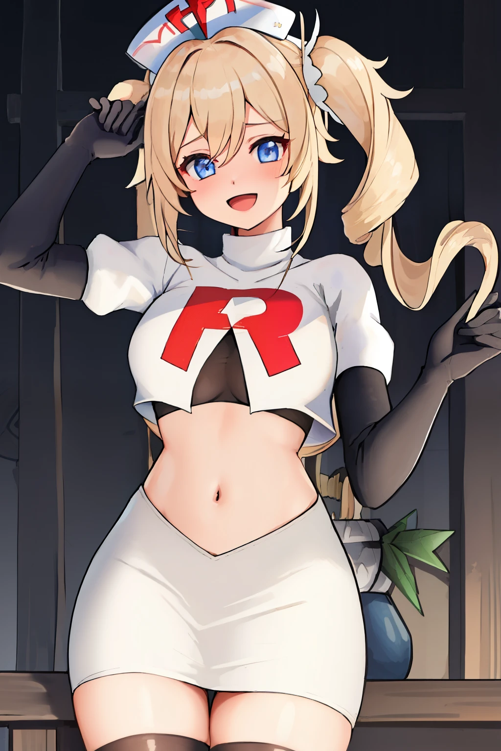 best quality, masterpiece, highres, solo, {barbara_genshin:1.15}, blonde_hair, blue_eyes, twintails, bangs, long_hair, drill_hair, twin_drills, hat, blush, breasts, white_headwear, hair_ornament, 1girl, hair_between_eyes, :d, team rocket,team rocket uniform,white skirt,red letter R,crop top,black thigh-highs,black elbow gloves