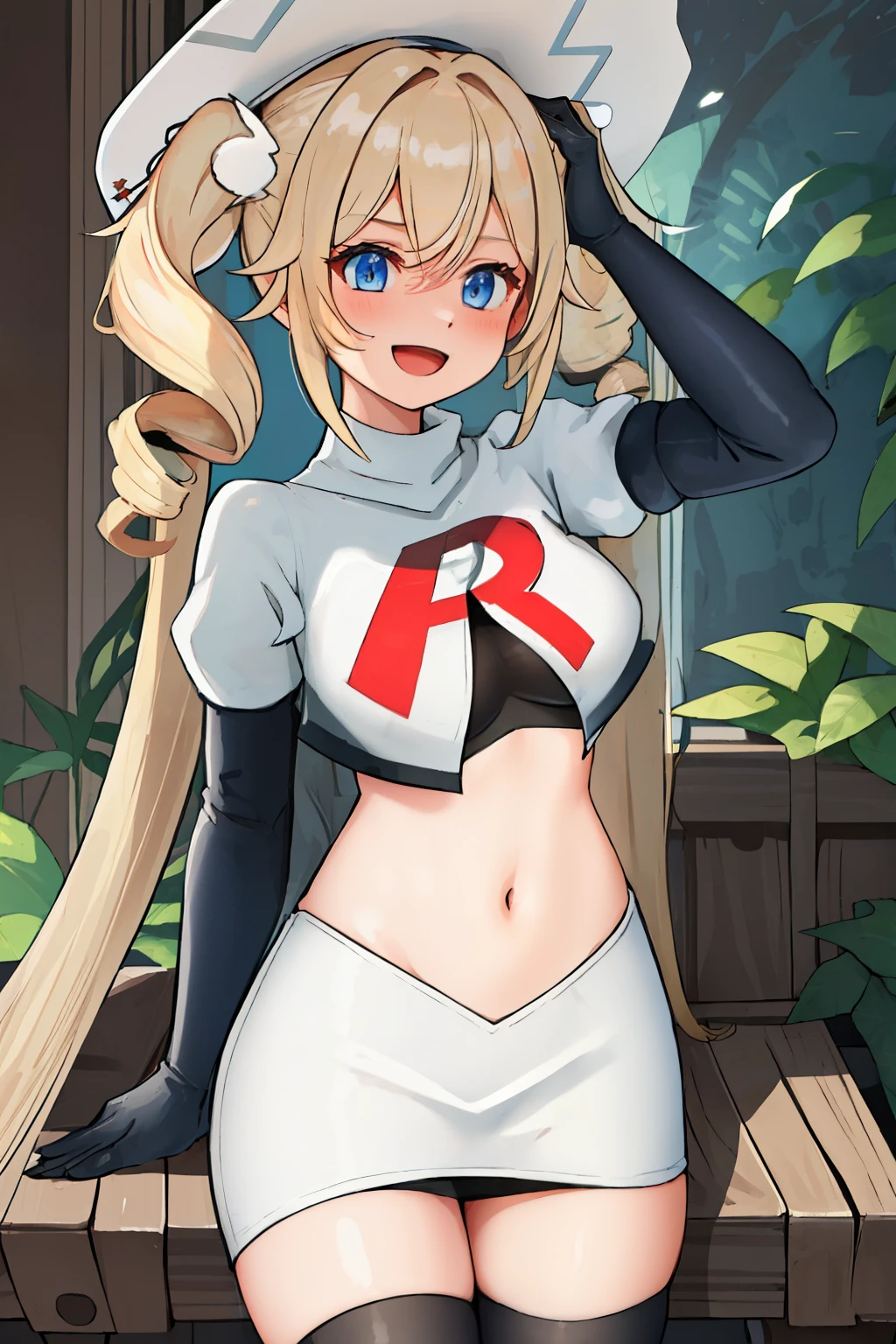 best quality, masterpiece, highres, solo, {barbara_genshin:1.15}, blonde_hair, blue_eyes, twintails, bangs, long_hair, drill_hair, twin_drills, hat, blush, breasts, white_headwear, hair_ornament, 1girl, hair_between_eyes, :d, team rocket,team rocket uniform,white skirt,red letter R,crop top,black thigh-highs,black elbow gloves