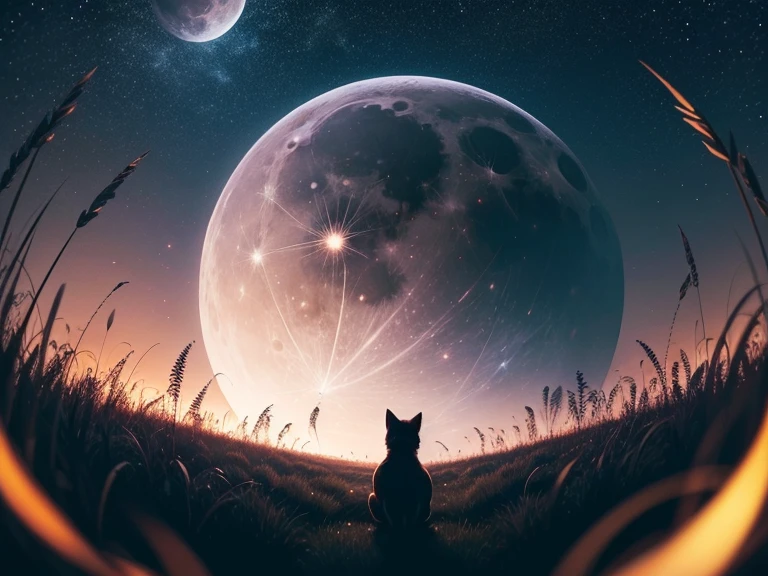 vast night landscape photography、(seen from below, The sky is above、The open field is below)、Pampas grass field、A lot of fluff is flying、(big full moon in the center: 1.2)、BREAK、(Silhouette of a very small cat in the center of the horizon)、BREAK、(masterpiece: 1.2)、(highest quality)、4K、super detailed、(dynamic composition: 1.4)、
