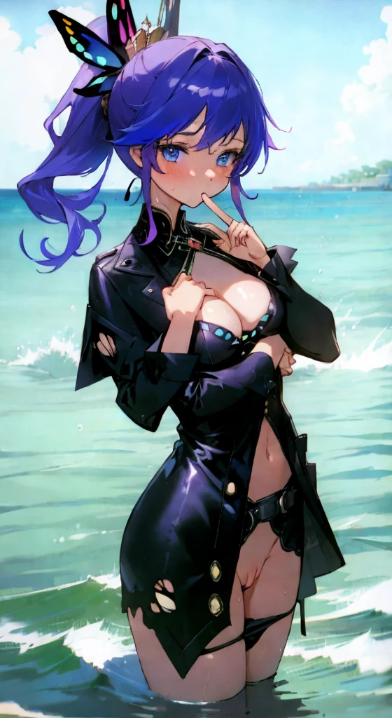 (Best quality, 4k, Masterpiece :1.3), 1girl, (steampunk), 5'4" woman, torn sparkly purple brassier, visible midriff, black skinny rocker shorts, long curly multi-color hair, ponytail with bow, ocean blue eyes, microphone and stand, heavy rain, beach, soaking wet clothes, AAcup, visible pussy, butterfly kiss, panty shot, anatomically correct