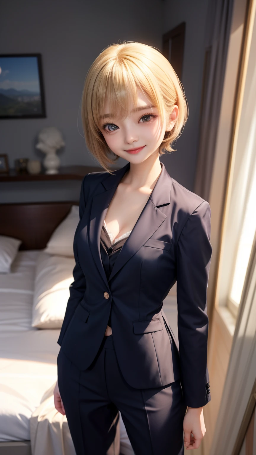 1girl in、Best Quality、、Very cute、A smile、Japanese、women's formal suit、Very cute、glad looking face、short-hair、Golden head hair、beautiful eyes、cleavage、胸の谷間、bed room、3D rendering、mini skirt or pants、自撮り