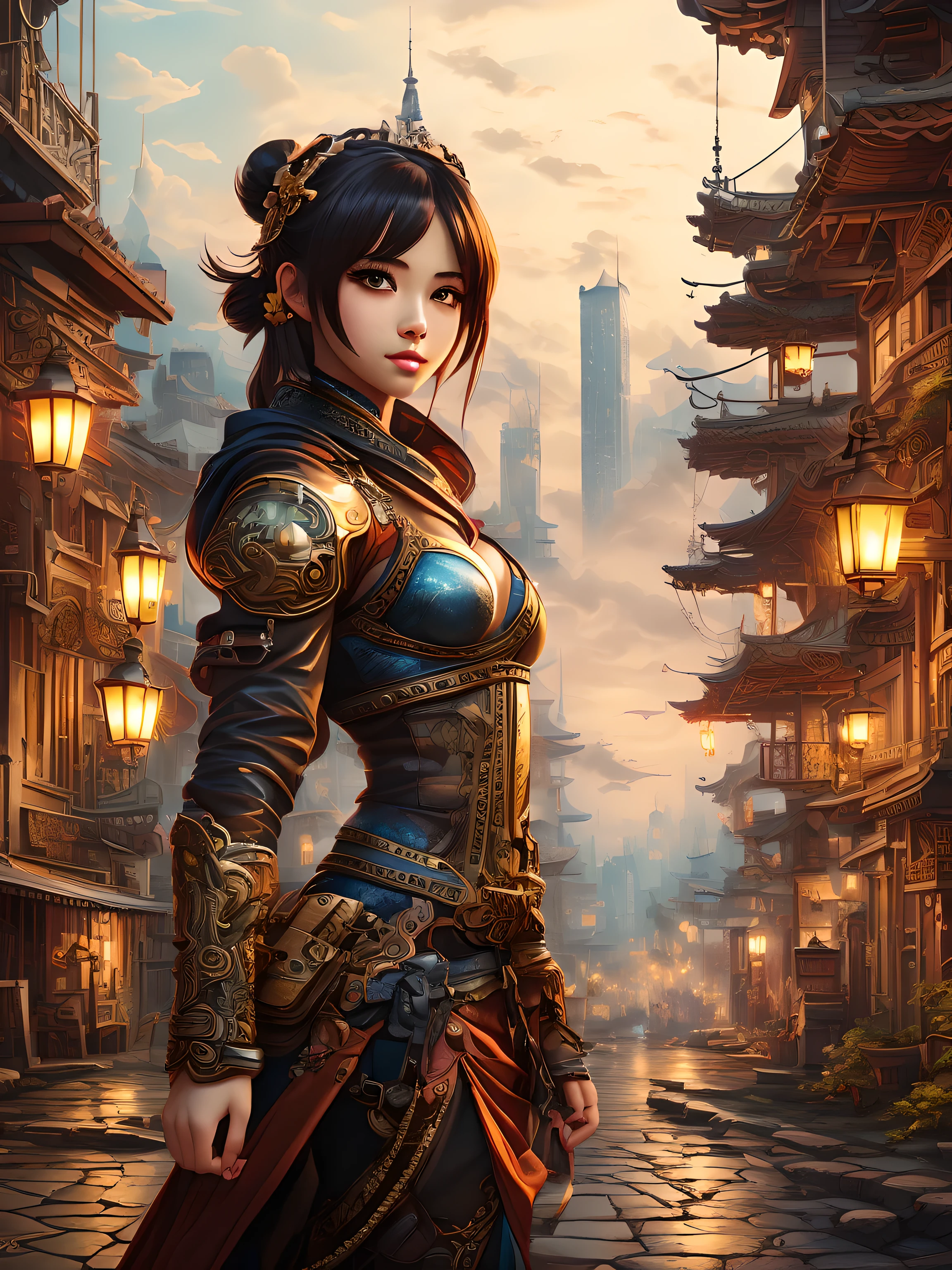 (best quality,high-res,ultra-detailed,masterpiece:1.2), girl,oriental detailed background, oriental cityscape, steampunk, miko, vibrant colors, soft lighting