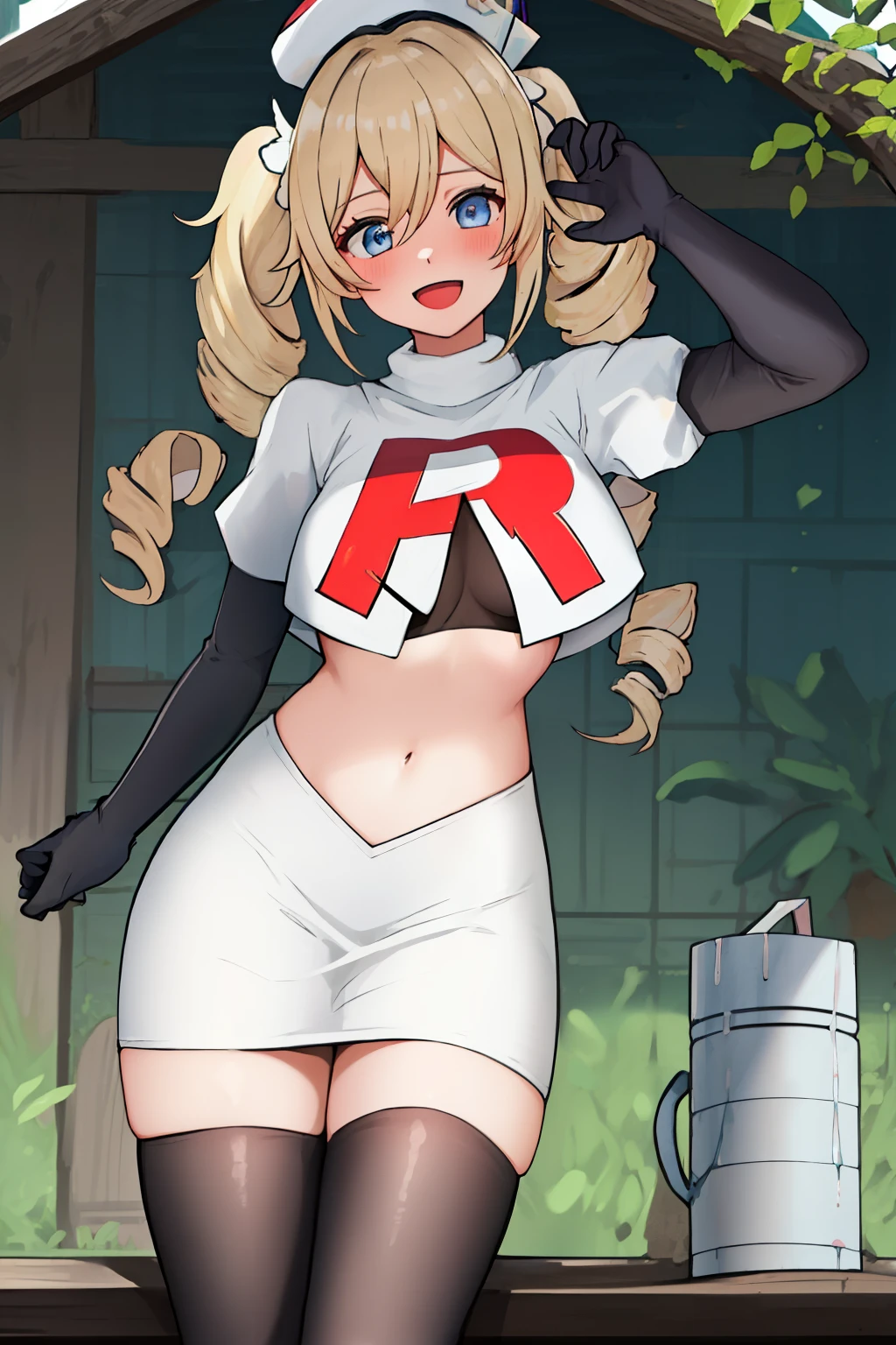 best quality, masterpiece, highres, solo, {barbara_genshin:1.15}, blonde_hair, blue_eyes, twintails, bangs, long_hair, drill_hair, twin_drills, hat, blush, breasts, white_headwear, hair_ornament, 1girl, hair_between_eyes, :d, team rocket,team rocket uniform,white skirt,red letter R,crop top,black thigh-highs,black elbow gloves