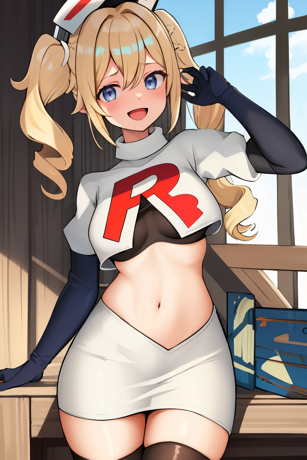 best quality, masterpiece, highres, solo, {barbara_genshin:1.15}, blonde_hair, blue_eyes, twintails, bangs, long_hair, drill_hair, twin_drills, hat, blush, breasts, white_headwear, hair_ornament, 1girl, hair_between_eyes, :d, team rocket,team rocket uniform,white skirt,red letter R,crop top,black thigh-highs,black elbow gloves