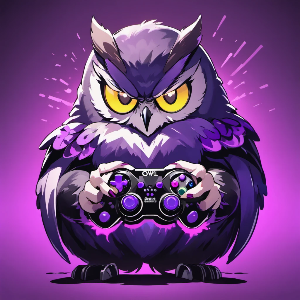 An owl resting on a gaming controller with the color scheme of purple and black. Use a 50 mm cinematic lens with a straightforward shot.