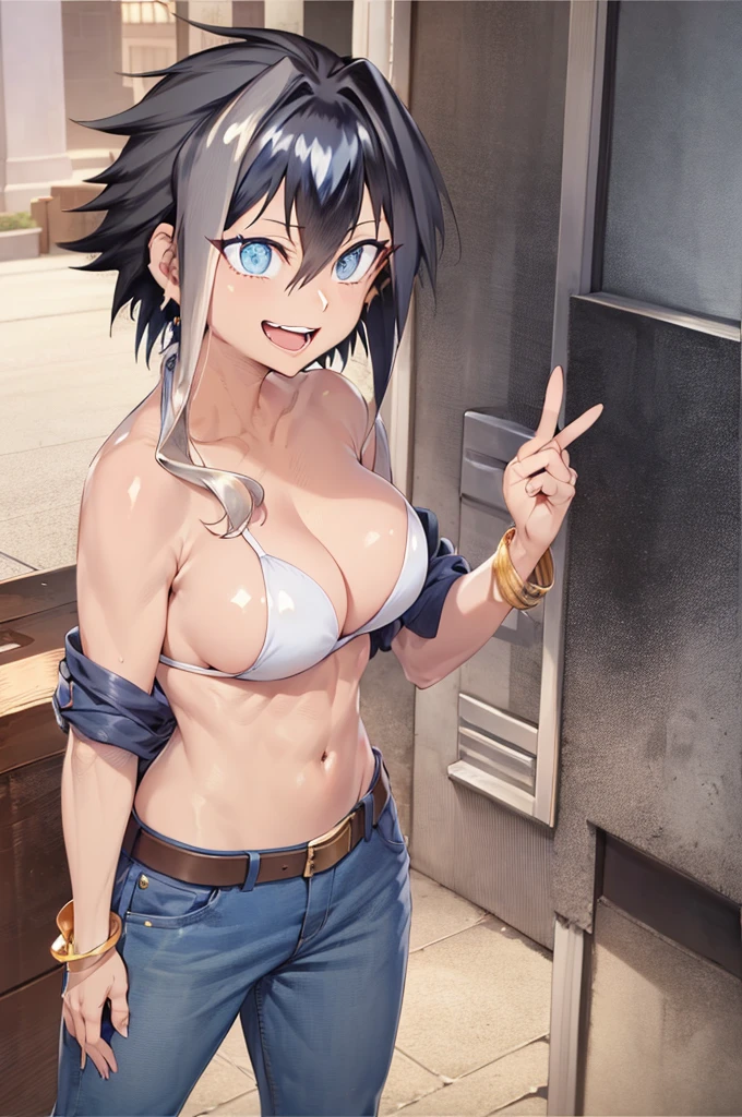 (masterpiece, 2k, anime style:1.9, front shot, cute smile, cute face, open your mouth, correct finger anatomy, open jacket, (white casual bikini top, casual pants, belt, bracelet)), marle barrock, mature woman, Are standing, mature woman, (winding:0.8), (short hair), (dark hair color:1.1), white, big breasts, flat stomach, perfect eyes, anime eyes, smoky eyeliner, eye shadow, perfect face, shy, sharp focus, professional artwork, intricate details, colorful, Bright colors, Bright colors, digital blending, Super detailed body, ultra detail hair, super detailed face, It's trending on pixiv, very hot colors, sunlight, Tilted to the side