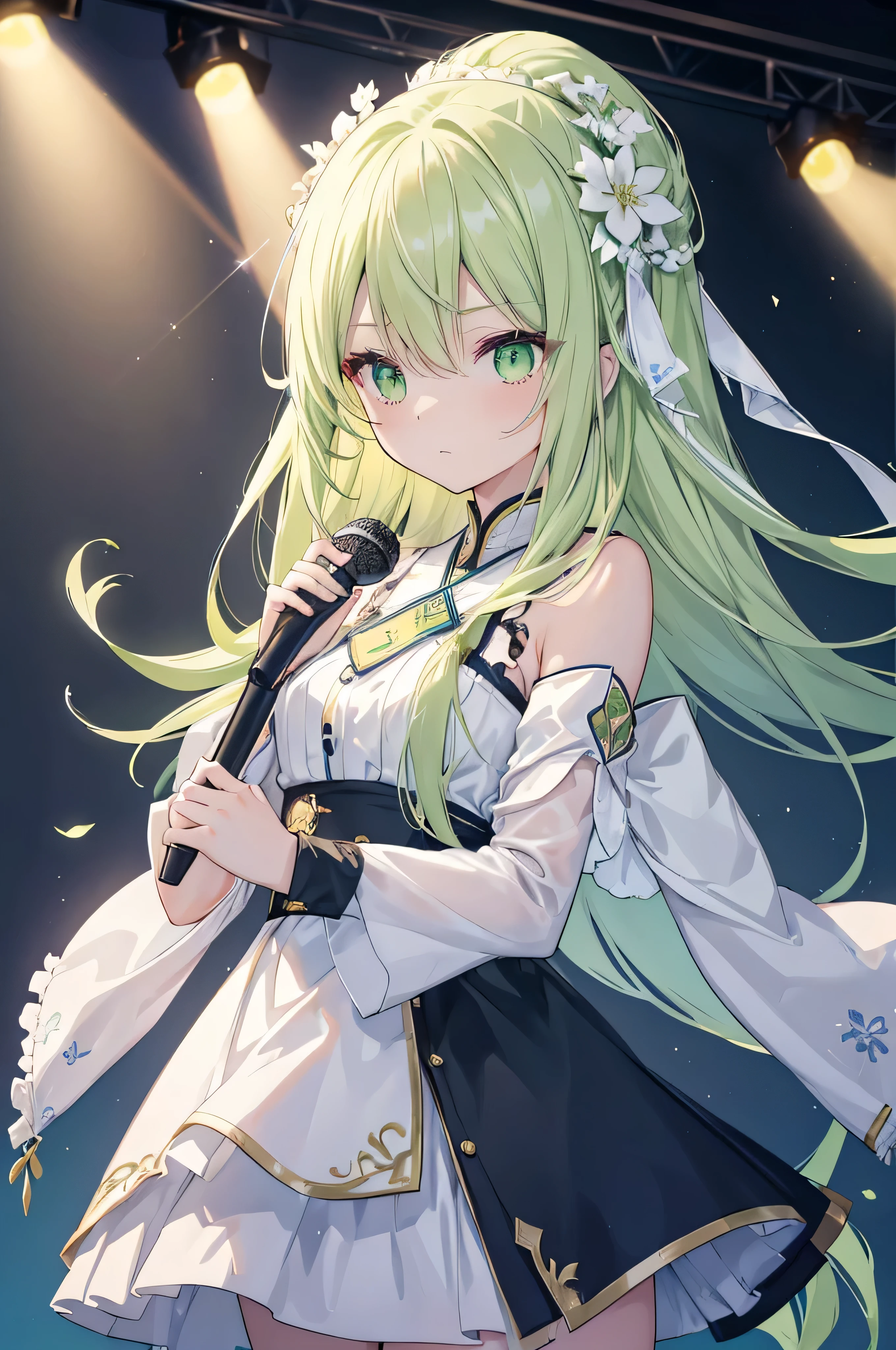 A human girl,The girl is slim,female face,nervous expression,light green long straight hair,light green eyes,There are bright spots in the eyes,female hands,newbie,normal finger,microphone in hand,Wearing green idol costume,Stand on stage and sing,There are colorful cheering sticks under the stage,masterpiece,Exquisite and delicate的二次元精美画风,Exquisite and delicate,8K high quality,CG wallpaper,HD,bad milk,alone,tomorrow ark风格,tomorrow ark,Asymmetrical clothing design