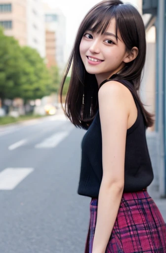 (8K、Raw photo、highest quality、masterpiece:1.2)、(realistic、Photoreal:1.37)、super detailed、Super high resolution、1 girl、see the beholder、beautiful and detailed face、laughter、narrow、(slim waist) :1.3)、Beautiful and smooth skin、skin texture、floating hair、professional lighting、human body as a whole、long hair、black haired、straight short hair、smile, (hyper pretty face:1.5), Nogizaka46、AKB48、(skirt)、beautiful feet、knit