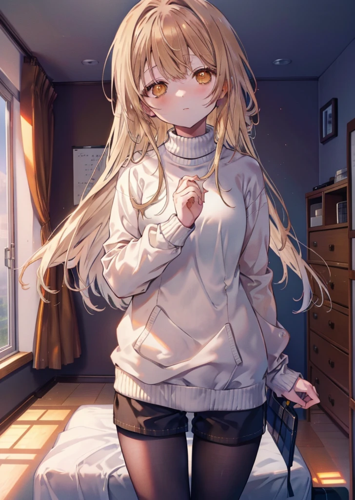 Mahirusha, Mahiru Shiina, blonde hair, (brown eyes:1.7), long hair, White Long Sweater,shorts,Black pantyhose,love hotel bed,crotch,
break looking at viewer, whole body,
break indoors, classroom,
break (masterpiece:1.2), highest quality, High resolution, unity 8k wallpaper, (figure:0.8), (beautiful and fine eyes:1.6), highly detailed face, perfect lighting, Very detailed CG, (perfect hands, perfect anatomy),